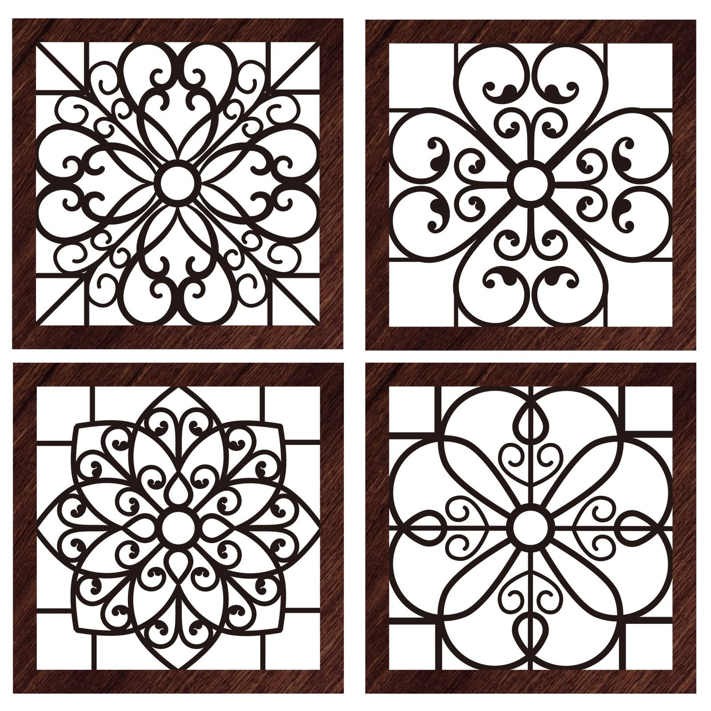 Yulejo 4 Piece Thicken Rustic Wall Decor - Wooden Hollow Carved Design Rustic Wall Art for Living Room, Bedroom, Hallway, Office, Kitchen (Brown, Black)