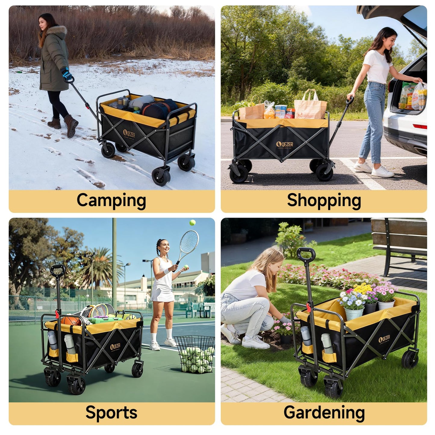 QEZER 56" Large Collapsible Folding Wagon with Tailgate and Brake, 600LBS Heavy Duty Utility Cart, 250L Large All-Terrain Beach Wagon for Camping Garden Shopping Grocery Sports (Yellow, 250L)