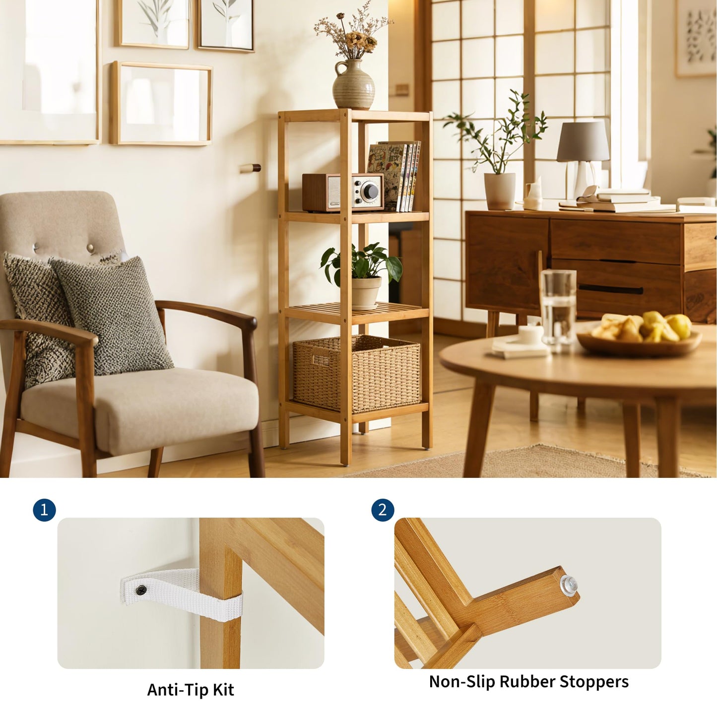 Garvee 4-Tier Bamboo Shelf Narrow Bathroom Shelf with Slatted Shelves Natural Wood Plant Stand Standing Towel Rack Corner Rack for Bathroom Entryway Bedroom Kitchen Sunroom