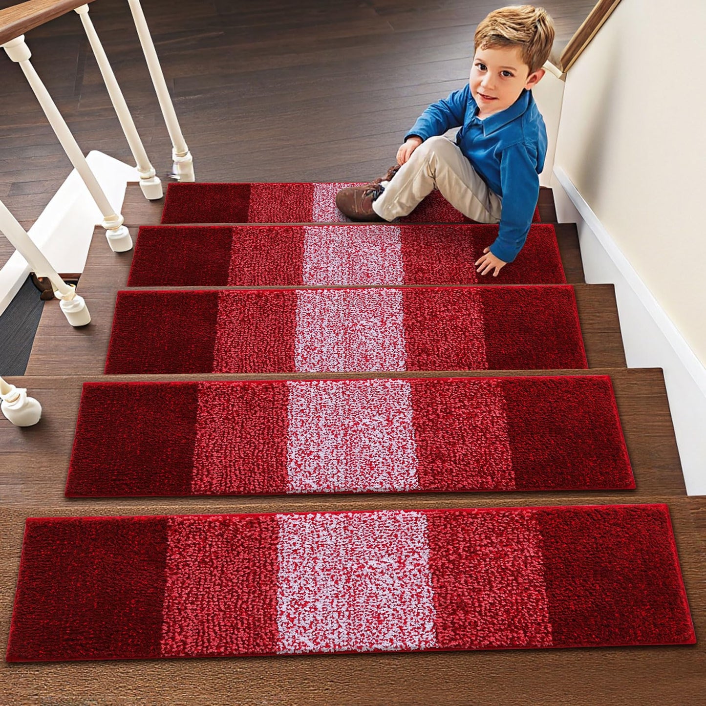 OLANLY Stair Treads Non Slip 15PCS, 8" x 30" Indoor Stair Runners for Wooden Steps, Edging Stair Rugs with Reusable Peel and Stick Adhesive for Kids Elders and Pets, Burgundy