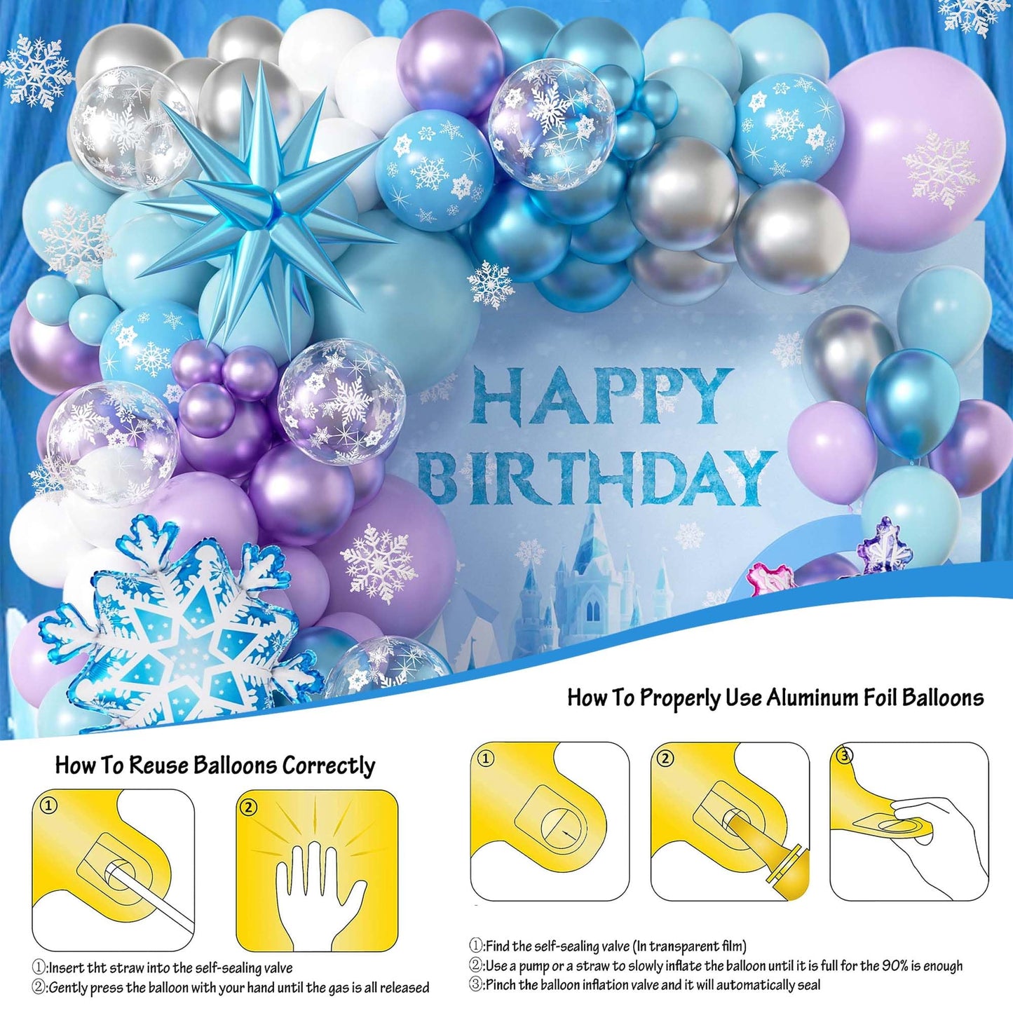 103pcs Winter Wonderland Balloon Garland Arch Kit with Giant 3D Ice Crystal Star & Gradient Snowflake Foils, 18/12/10/5 Inch Metallic Blue Purple Silver Printed Latex for Girls Ice Princess Birthday