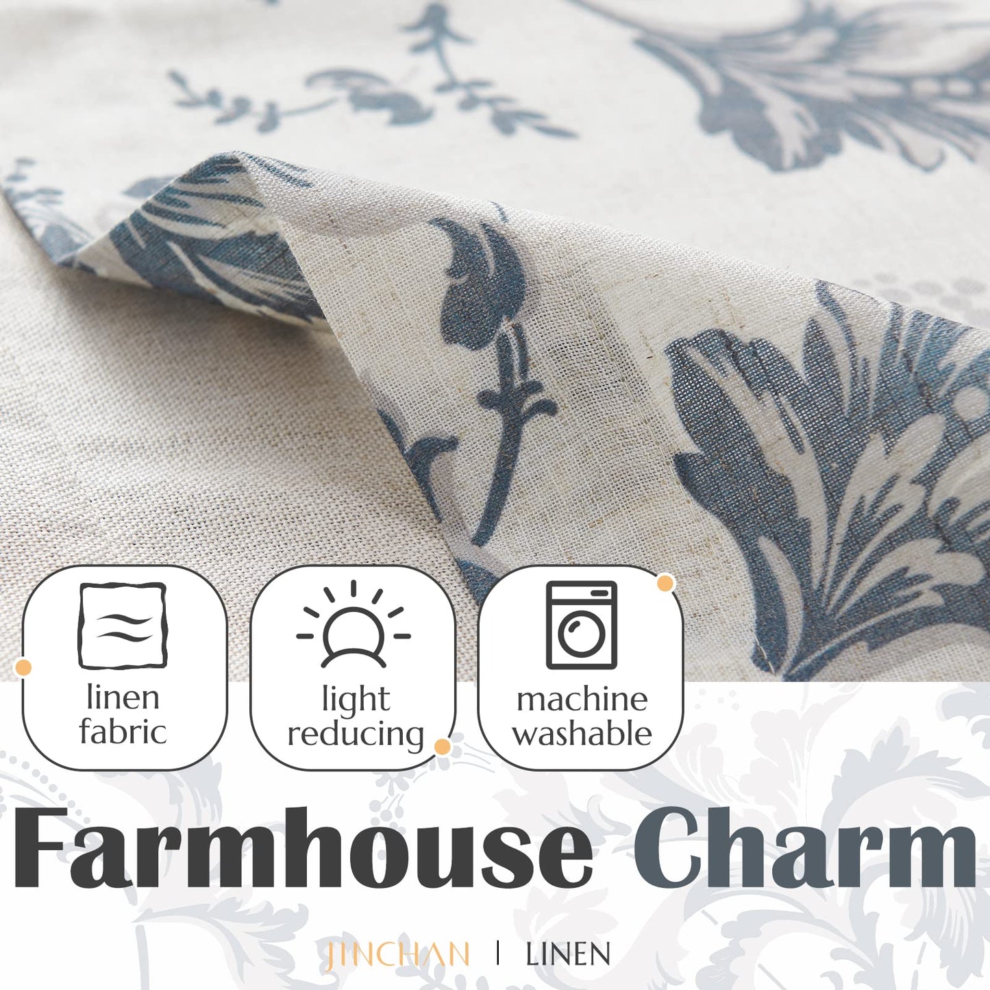 jinchan Linen Valance Curtain Farmhouse Window Decor Floral Print for Kitchen Living Room Double Layer Blackout Valance 18 Inches Rustic Window Treatment 1 Panel Rod Pocket Blue on Beige