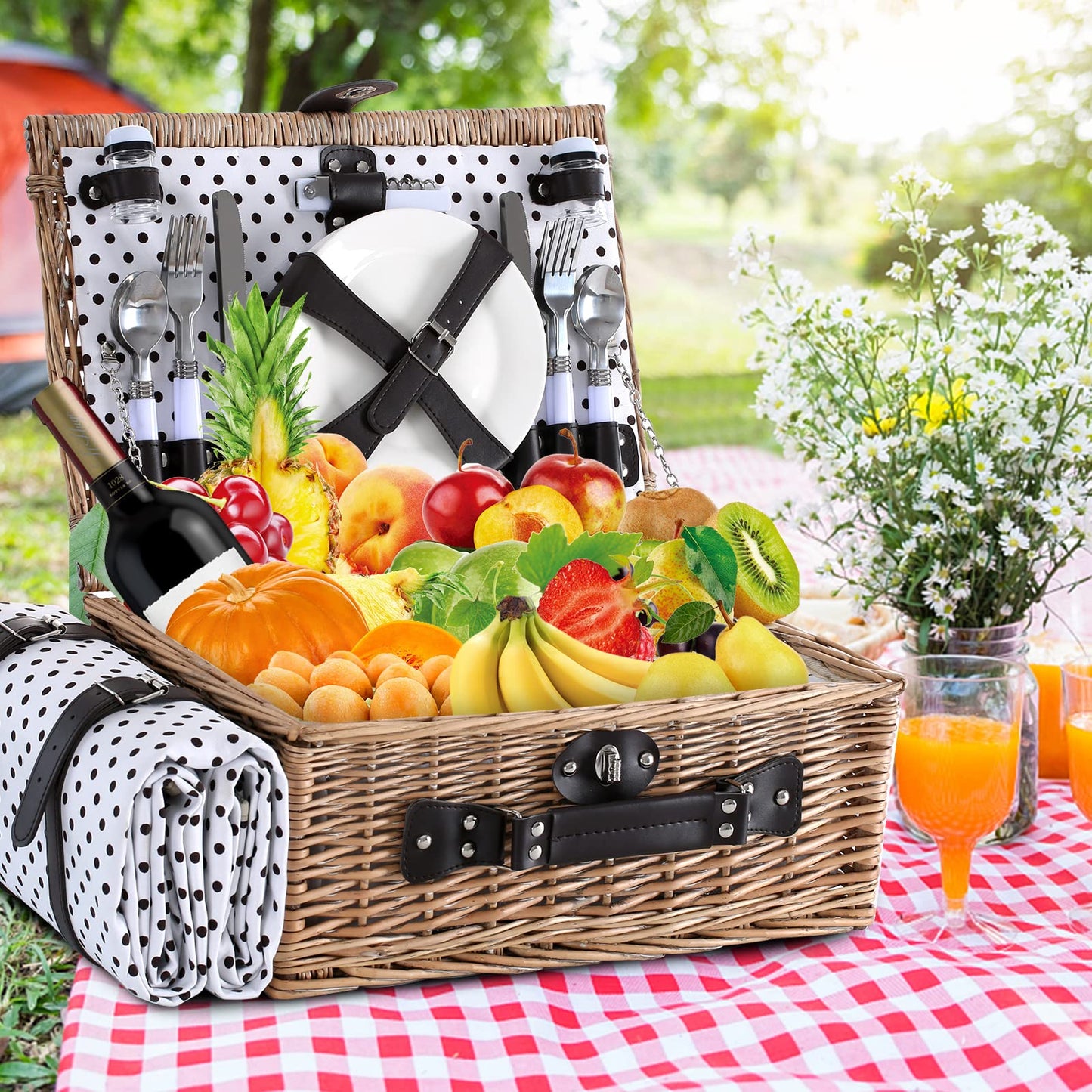 HYBDAMAI Picnic Basket for 4 Persons with Waterproof Picnic Blanket and Insulated Cooler, Large Wicker Picnic Basket for Camping, Outdoors, Valentine's Day, Christmas, Birthday, Wedding Gift