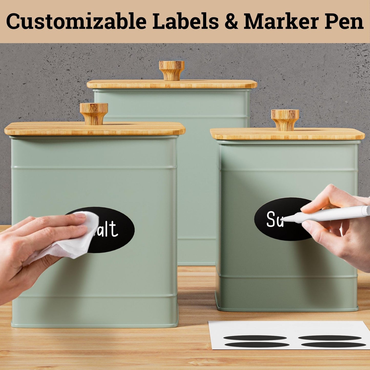Kitchen Canisters for Countertop Set of 3 with Customizable Chalkboard Labels & Marker Pen - Big Iron Kitchen Canisters with Airtight Lids - Sage Green Canister Set - Flour and Sugar Containers