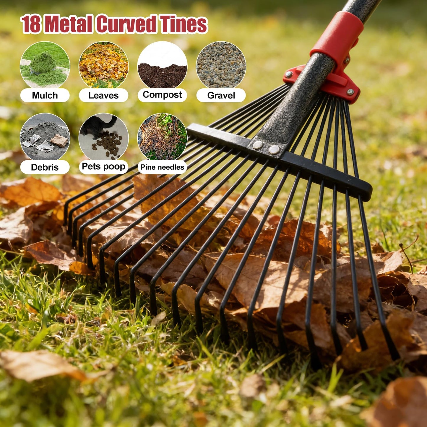 Garden Rake for Leaves: 55 Inch Adjustable Long Handle 18 Metal Tines with 8-17" Expandable Head Heavy Duty Metal Rake for Lawns Leaves Yard Grass Camping Debris