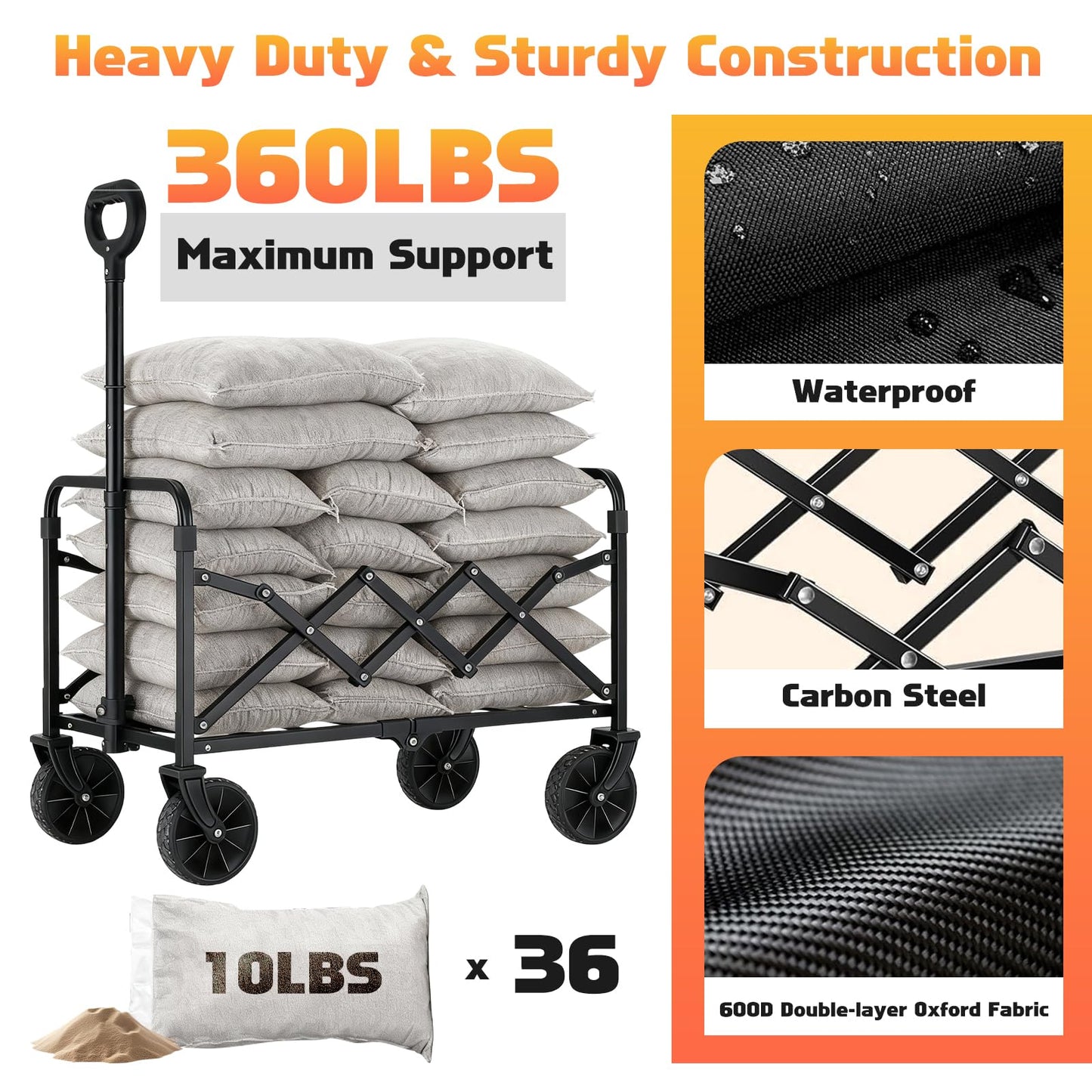 Collapsible Foldable Wagon Cart with Wheels - 360LBS Heavy Duty Folding Wagon Carts, Portable Lightweight Utility Wagon with All-Terrain Wheels & 2 Cup Holders, Grocery/Beach/Sports/Shopping/Black