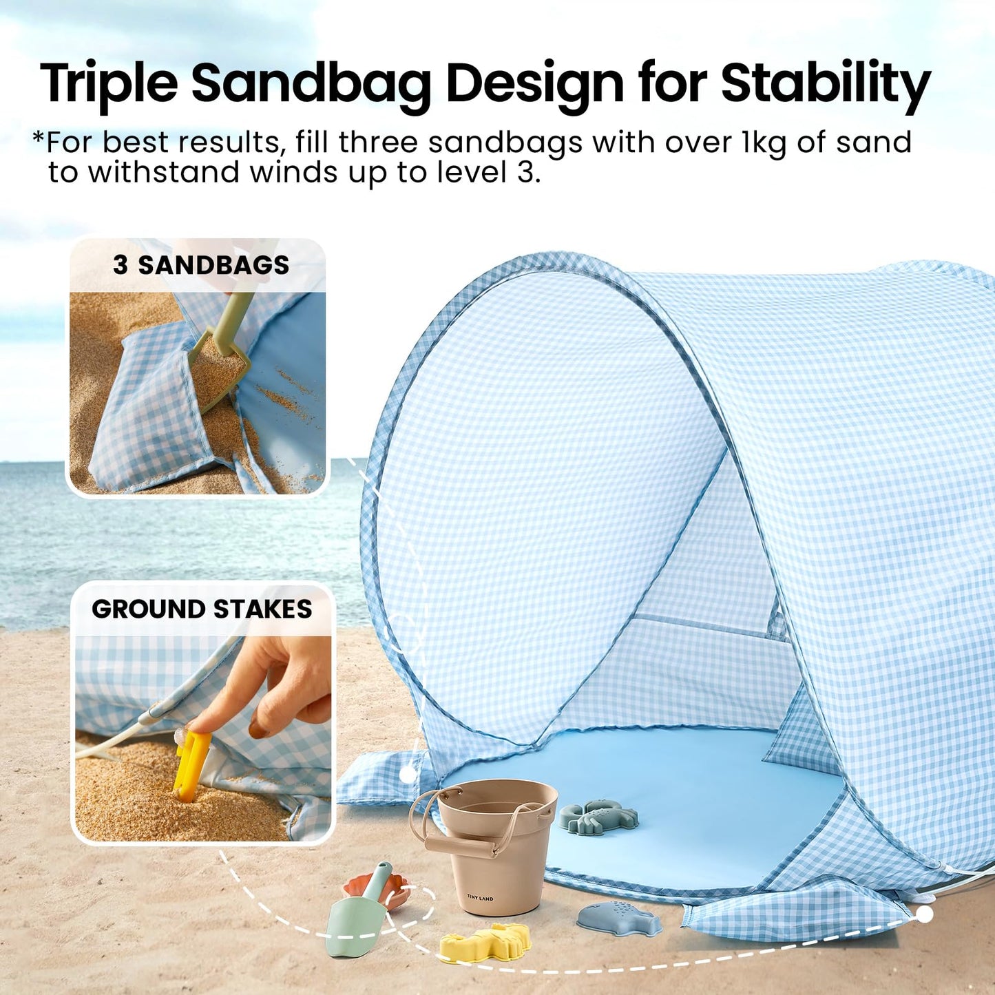 Tiny Land Baby Beach Tent – Pop Up Baby Tent with UV Protection, Portable Baby Beach Essentials, 35.4"x27.6"x31.5" Sun Shelter for Infants, Baby Summer Outdoor Use (Light Blue Gingham)