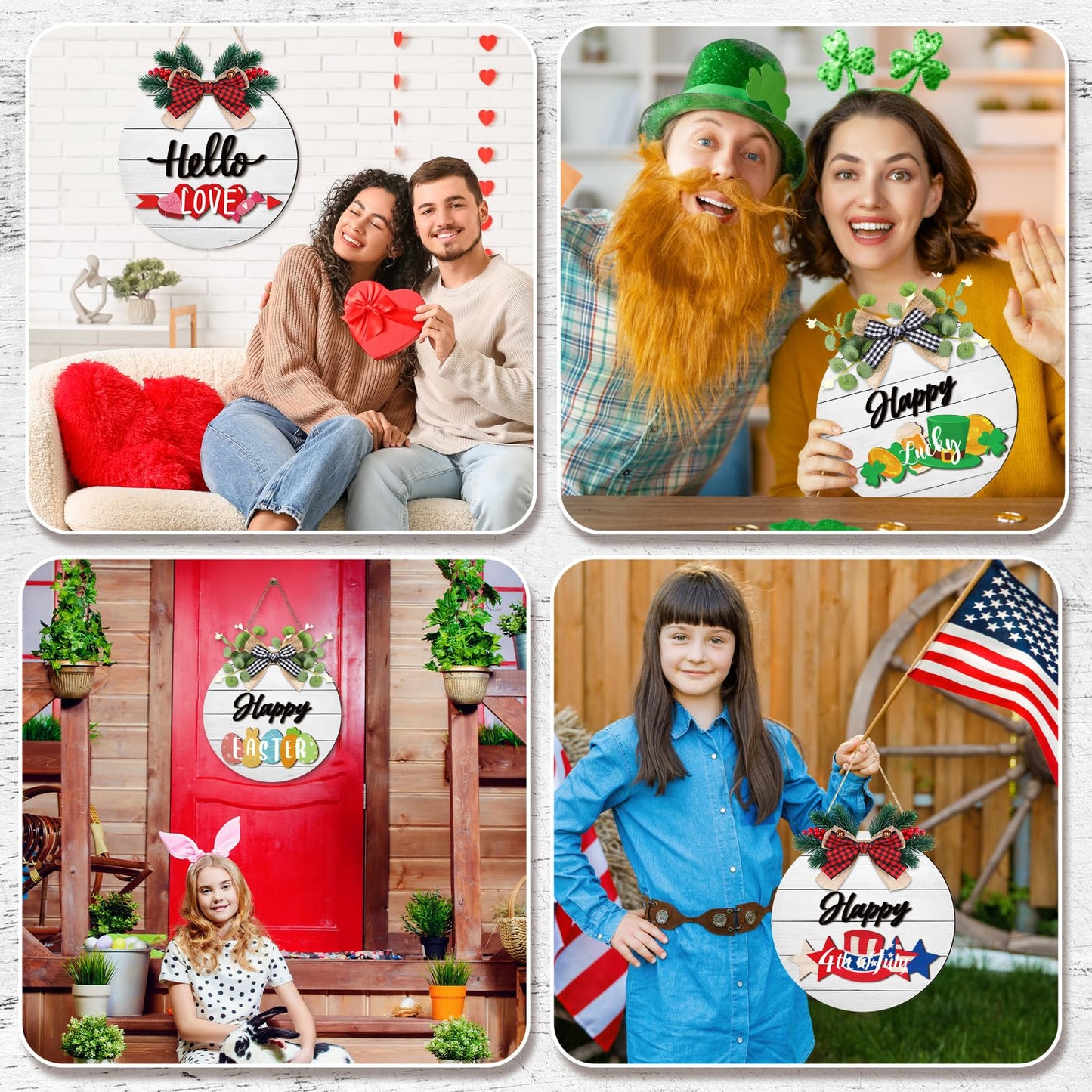 Burbell 21 Pcs Interchangeable Welcome Sign for All Holiday 4th of July Front Door Decor with 4 Bows, 4 Characters and 12 Changeable Icons Farmhouse Door Wall Wreath Home Decor Seasonal Wooden Sign