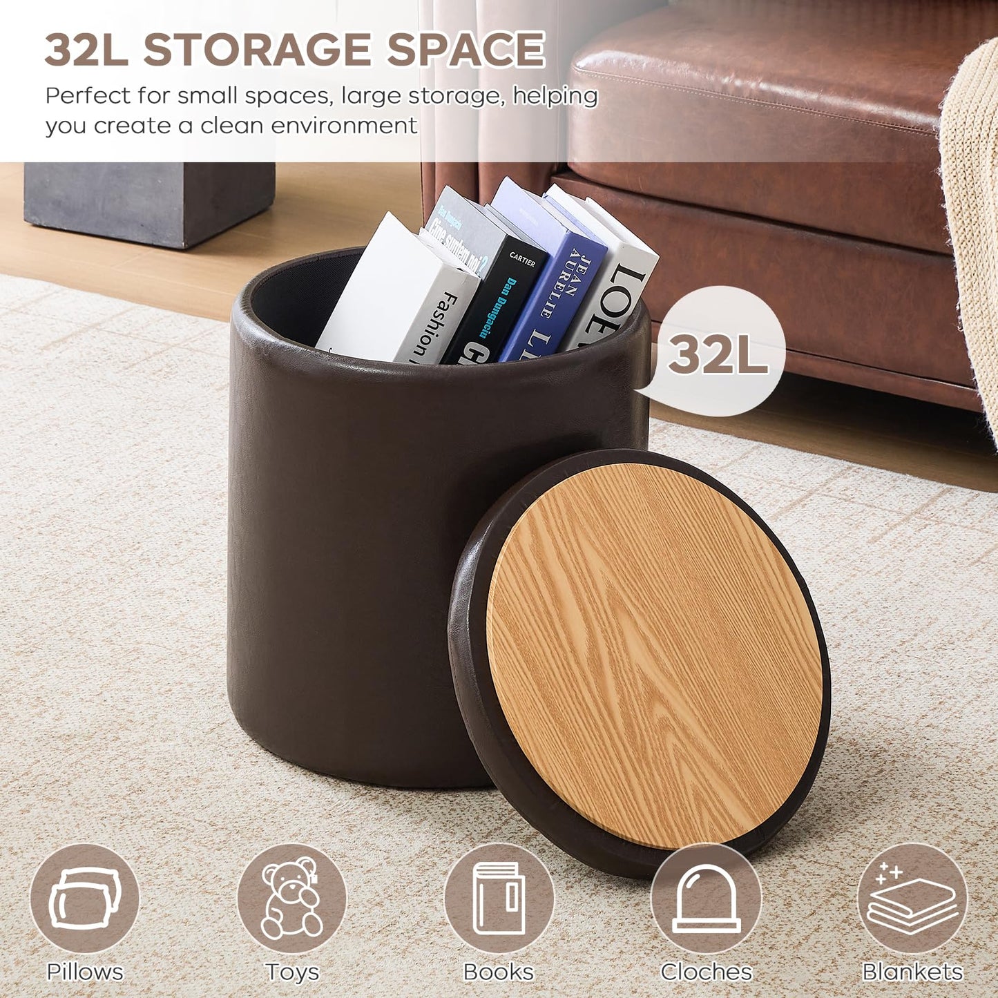 oakvivo Round Set of 2 14.76" L x 14.76" W x 17.32" H Faux Leather Ottoman with Storage, Small Foot Rest Storage Ottomen with Lid Living Room, Bedroom Vanity Stool Chair, Coffee