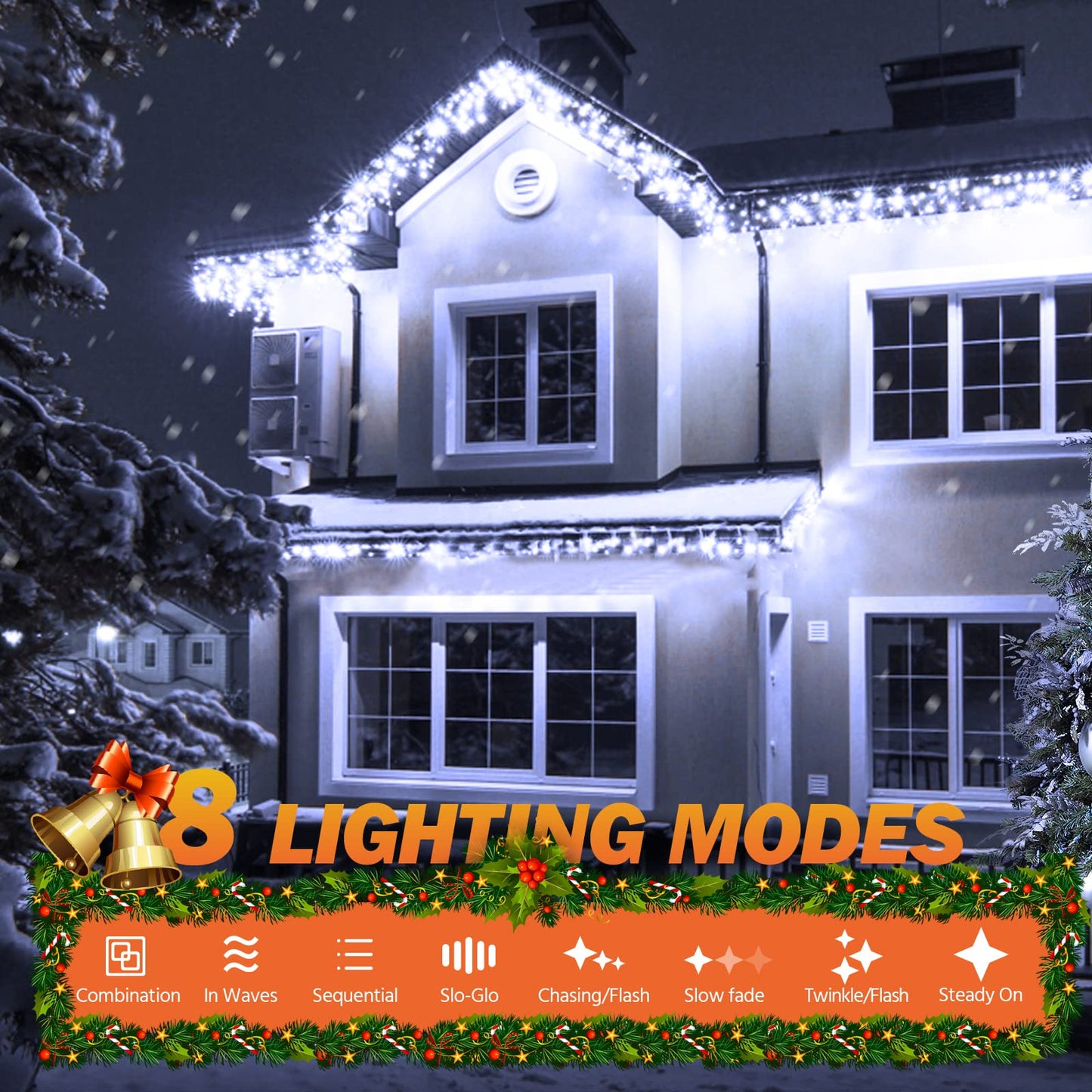 USOKYO Icicle Christmas Lights Outdoor, 480 LED 39FT String Lights With 96 Drops, 8 Modes and Timer, Twinkle Fairy Lights for House Patio Bedroom Wedding (Cool White)