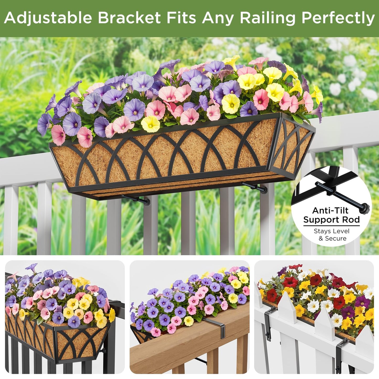 Y&M 4pcs 24 Inch Planter, Metal Window Boxes with Coco Liner, Indoor Outdoor Hanging Flower Planter for Garden, Lawn, Balcony, Porch, Fence, Patio Rail