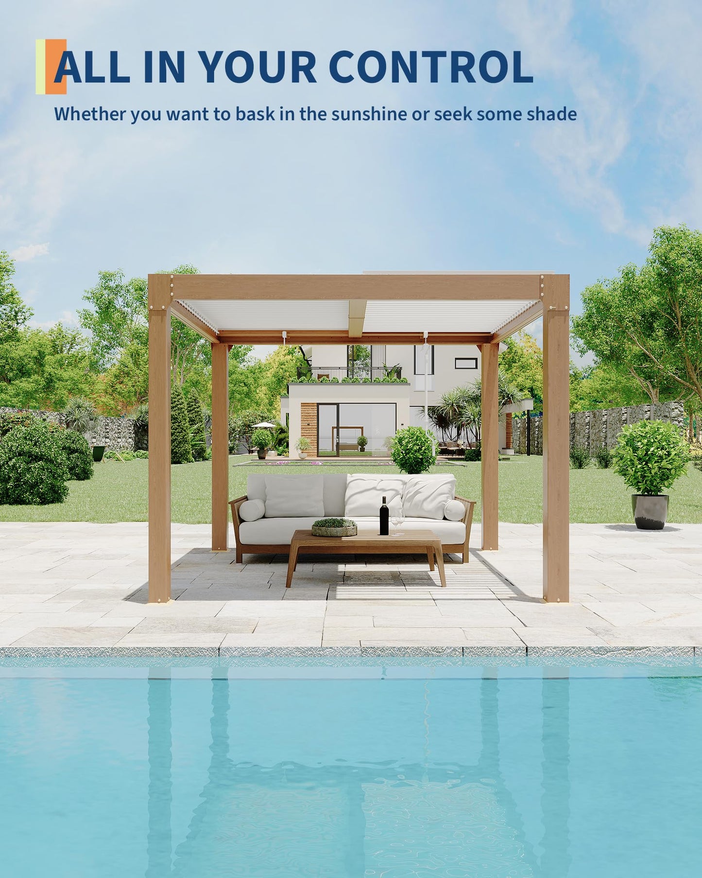 GarveeLife Louvered Pergola 10 ft x10', Outdoor Pergola with Adjustable Louvered Roof, Reinforced Aluminum Frame, Integrated Drainage System, Hardtop Gazebo for Patio, Deck, Wood Grain