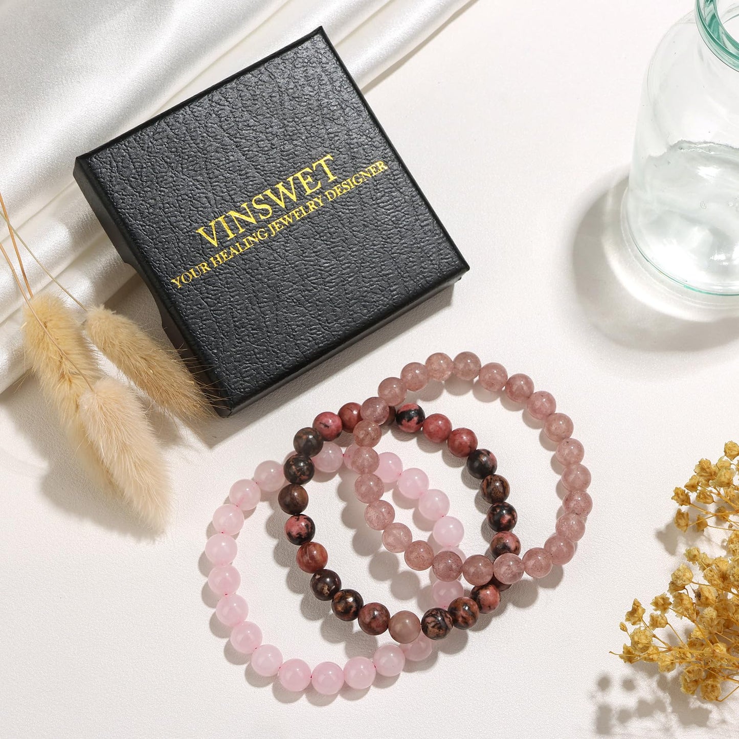 Vinswet Healing Crystal Bracelets for Women Men 8mm Rose Quartz Strawberry Rhodonite Natural Stone Beaded Stretch Bracelet Triple Protection Handmade Gemstone Reiki Spiritual Jewelry Gifts