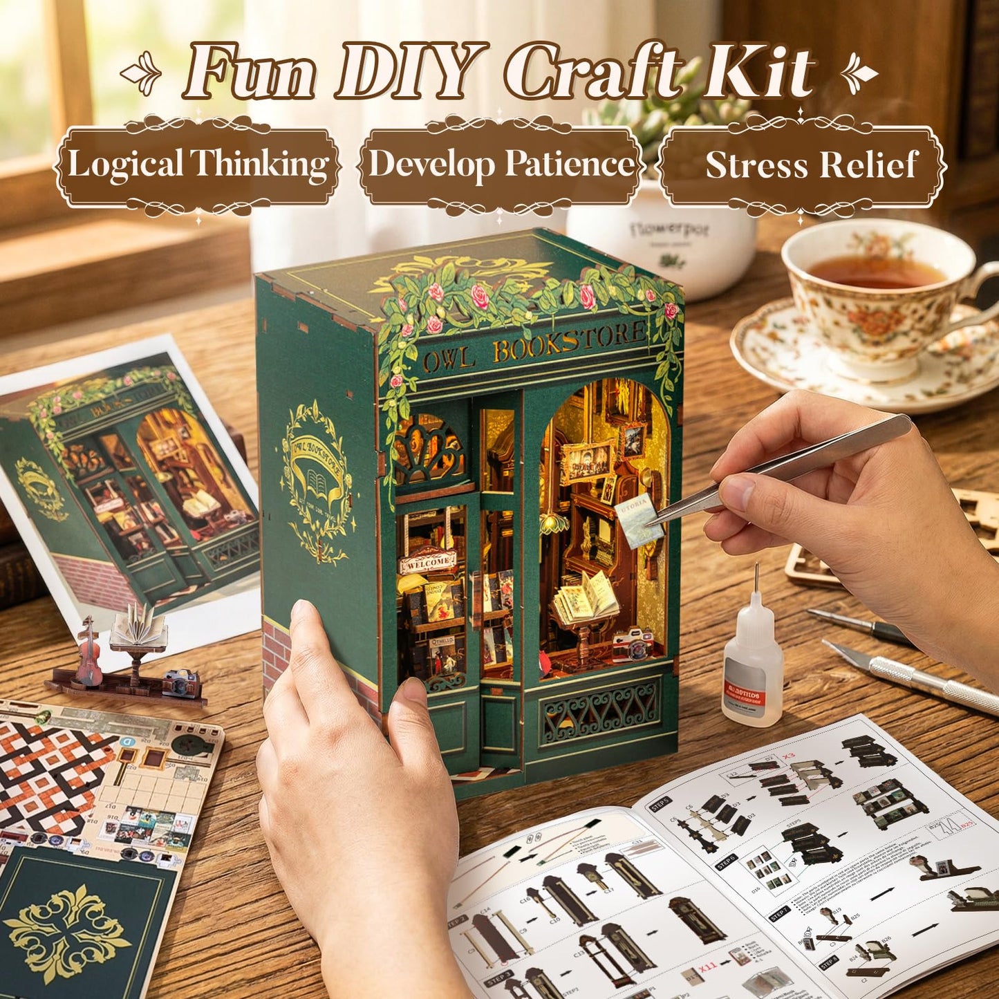 CUTEBEE Book Nook Kit - DIY Miniature House Kit for Adults, Teens and Beginners, Dollhouse Booknook Library Tiny House Bookshelf Decor 3D Wooden Puzzle, Gifts for Family, Friends (Owl Bookstore)