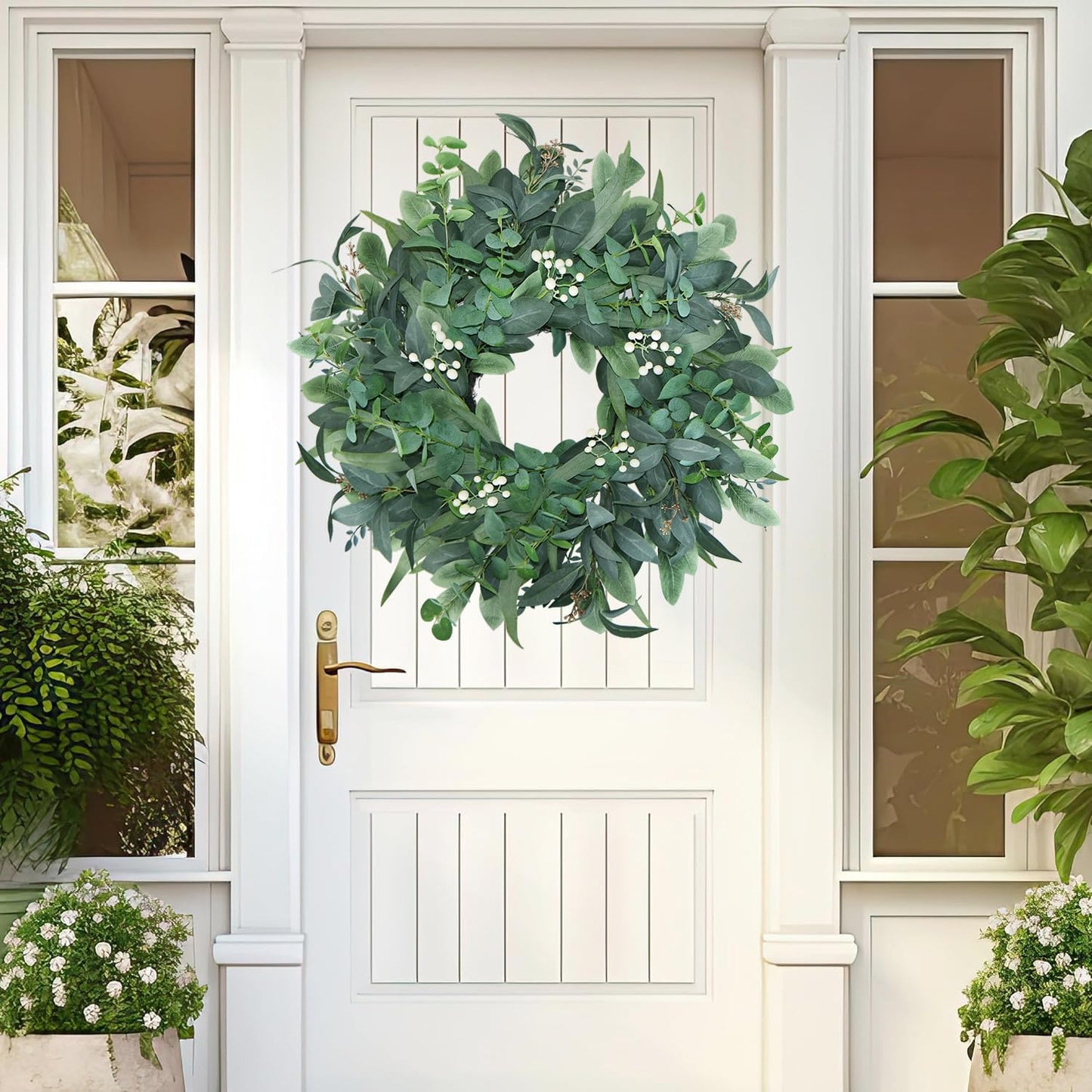 BINFEN 24"-26“ Green Eucalyptus Wreaths for Front Door with White Berries – Lifelike Spring, Summer, and Winter Wreath for Farmhouse Front Porch, Window, Door Decor