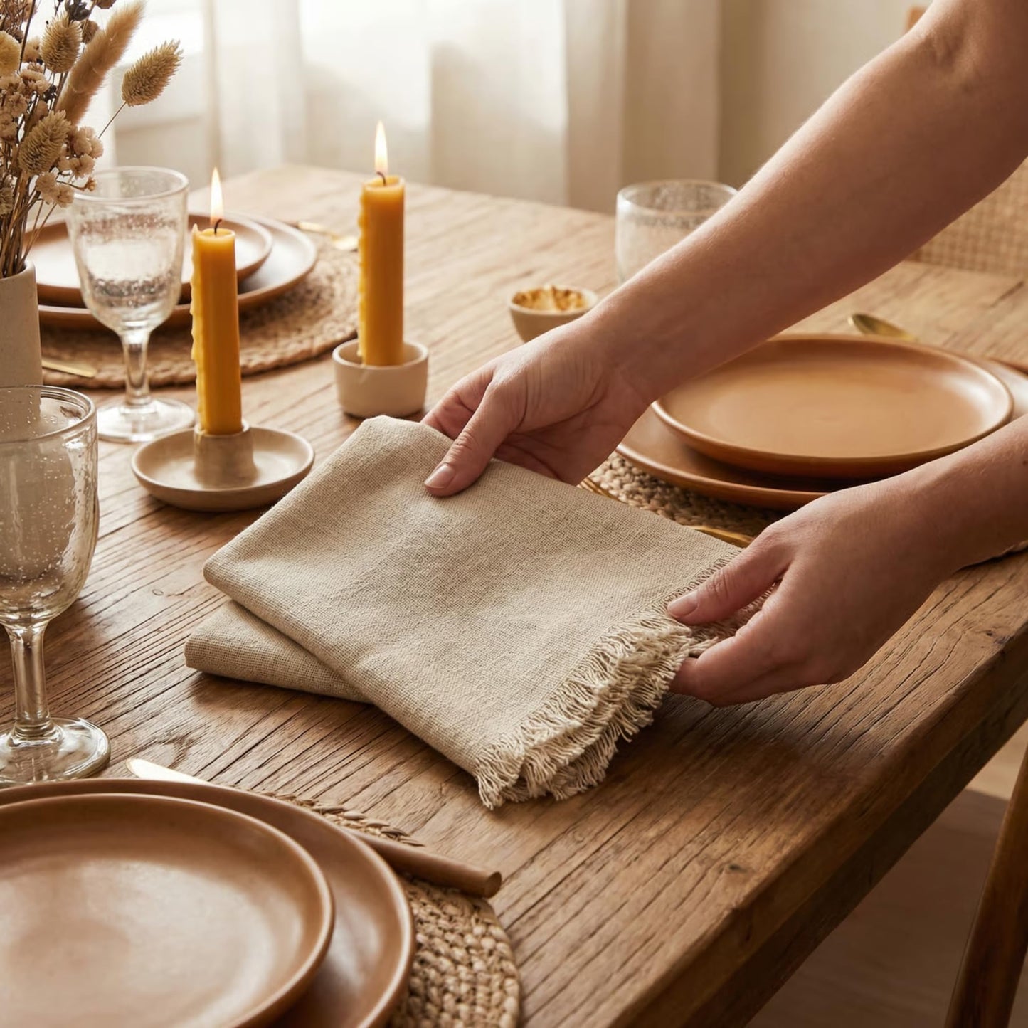 ACCENTHOME Natural Cotton Linen Napkin Set of 12 18x18 inch Dinner Napkins - Washable Soft Premium Hotel Quality Reusable Hemmed Edges Napkins Perfect Table Linens for Family Dinners, Weddings