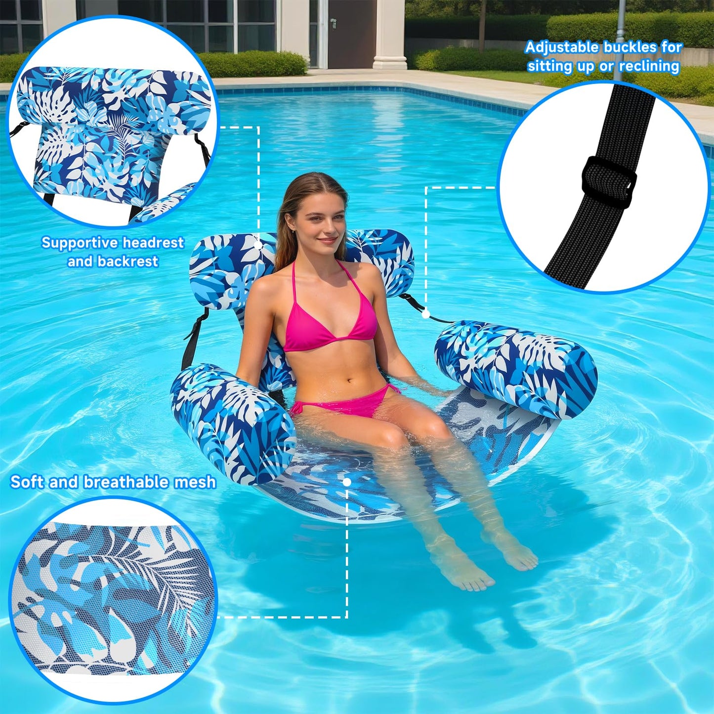 Nyrveua 3 Pack Pool Floats Adult, Adjustable Heavy Duty Inflatable Pool Floats Chair, Portable Pool Float Lounger for Adults & Kids, Pool Floaties Noodles for Summer Pool Beach Lake Party Relaxing Fun