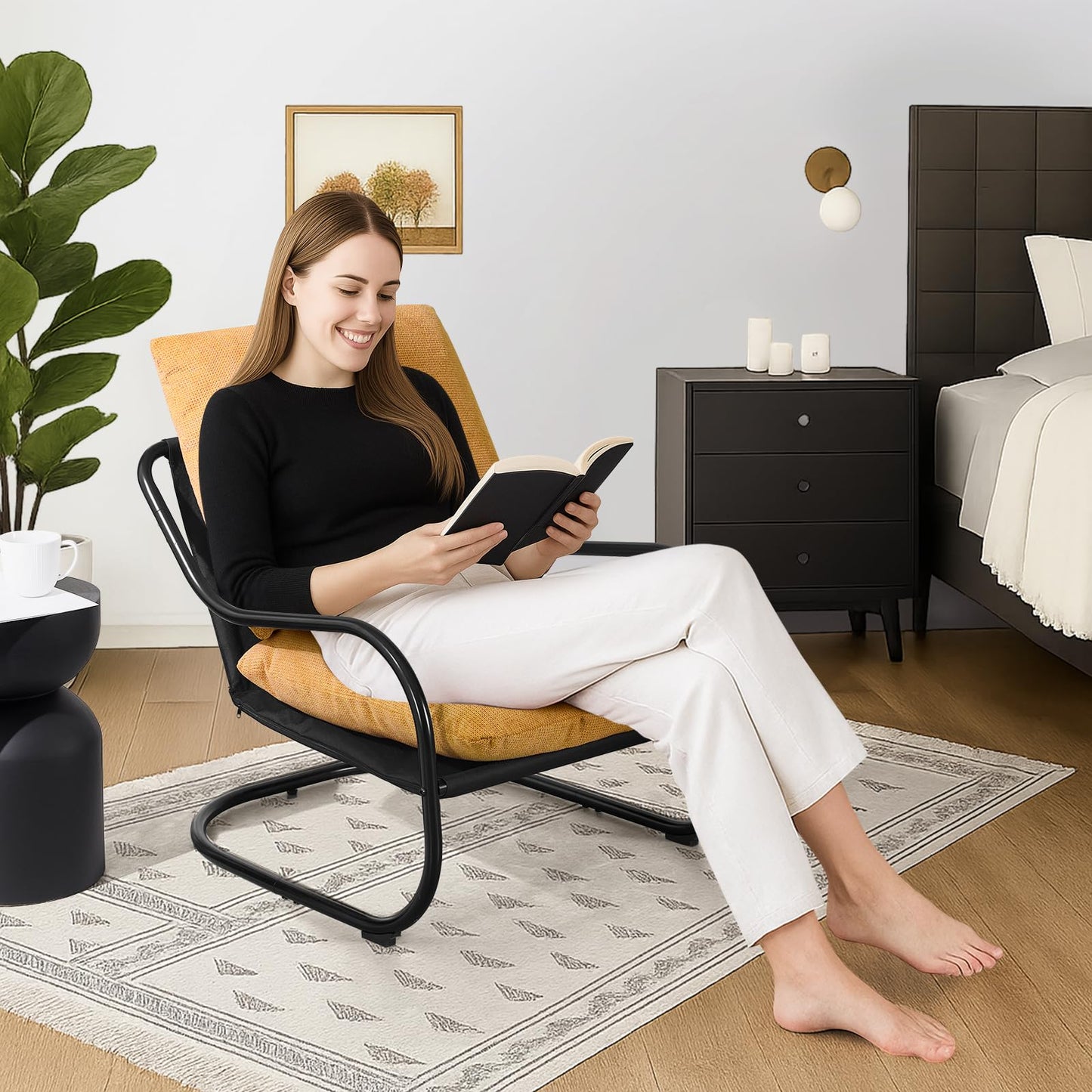 Peace nest Modern Accent Chair,Comfy Living Room Suspended Chair with Mental Frame,Bedroom Armchair with Soft Upholstered Cushion for Balcony Lounge Reading Meeting Room,Yellow