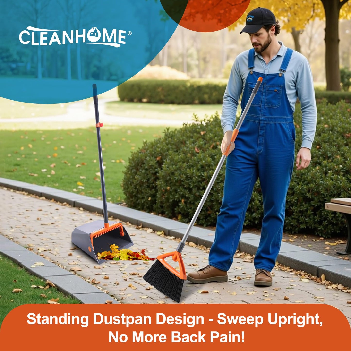 CLEANHOME Heavy Duty Outdoor Broom and Dustpan Set with Long Handle, Standing Dustpan & Split-End Bristles for Patio, Garage, Deck, Leaves Debris Cleaning