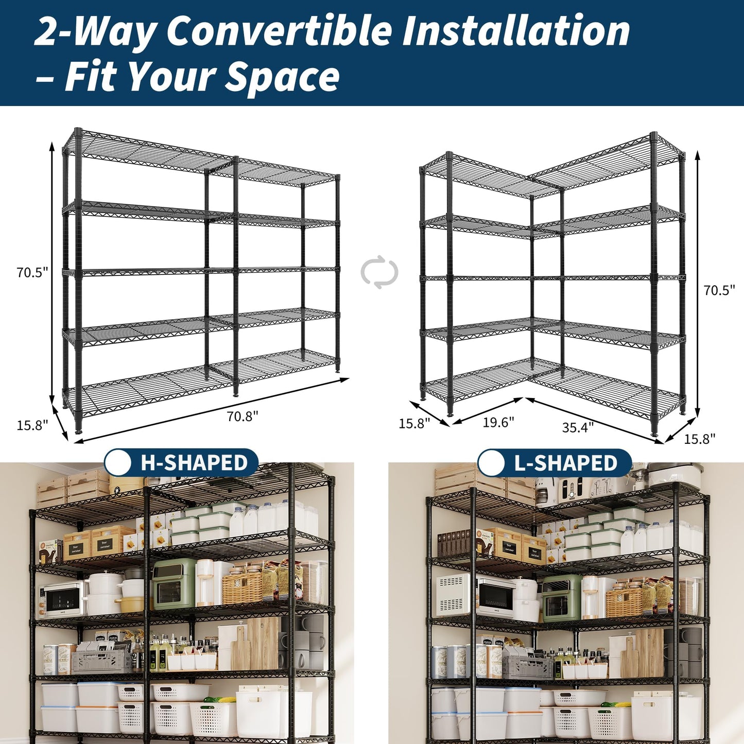5-Tier Metal Storage Shelves, Adjustable Wire Shelving Unit for Garage, Pantry, Basement & Kitchen, Heavy-Duty Shelf Organizer with Double-Row Design, 70.8" w x 15.8" d x 70.5" h, 265 Lbs Per Tier