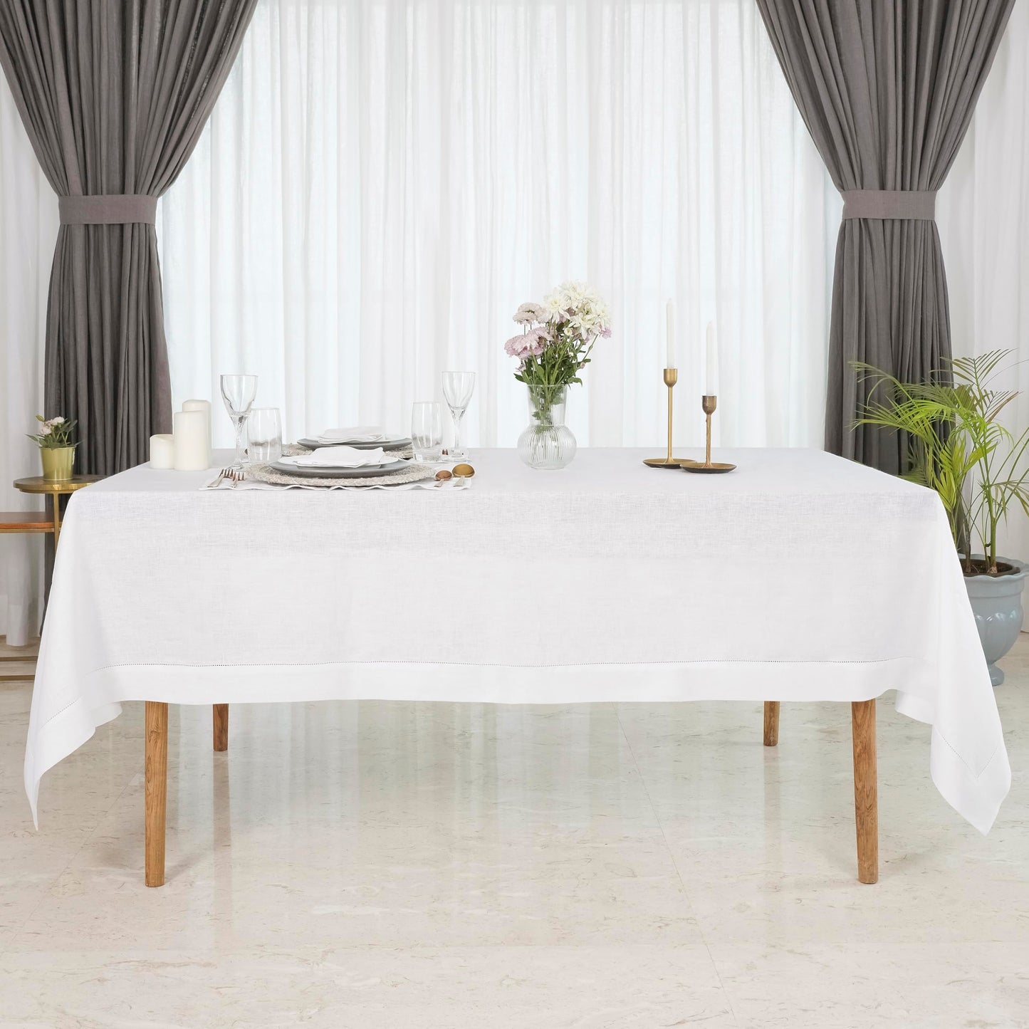 D'Moksha Homes White Linen Tablecloth 60 x 120 Inch - 100% Pure Linen Hemstitch Tablecloth for Rectangle Tables - Classic Hemstitch, Machine Washable Table Cloth for Mothers Day, Spring