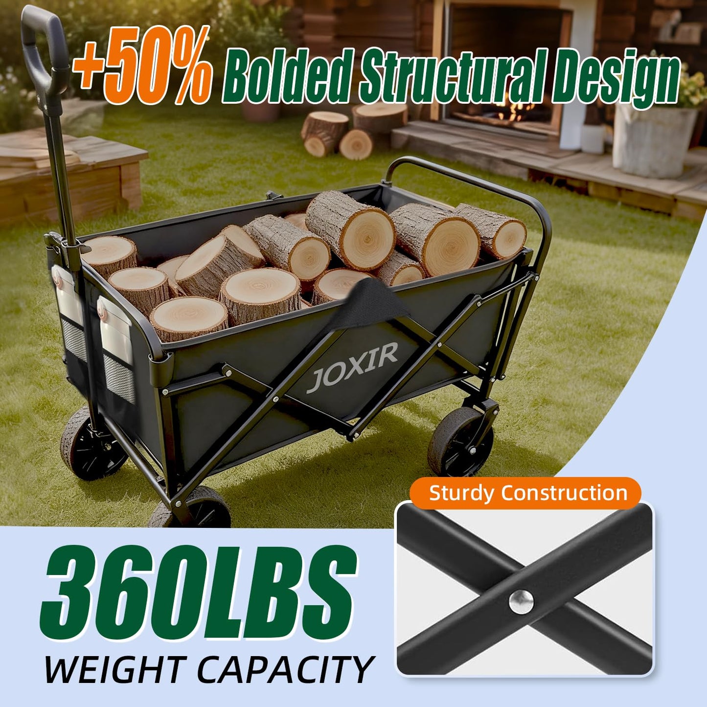Joxir Collapsible Wagon Cart Foldable 120L 360lbs Capacity, Lightweight Portable Beach Wagon, Shopping Carts with Wheels for Grocery, Camping, Shopping, Garden Cart