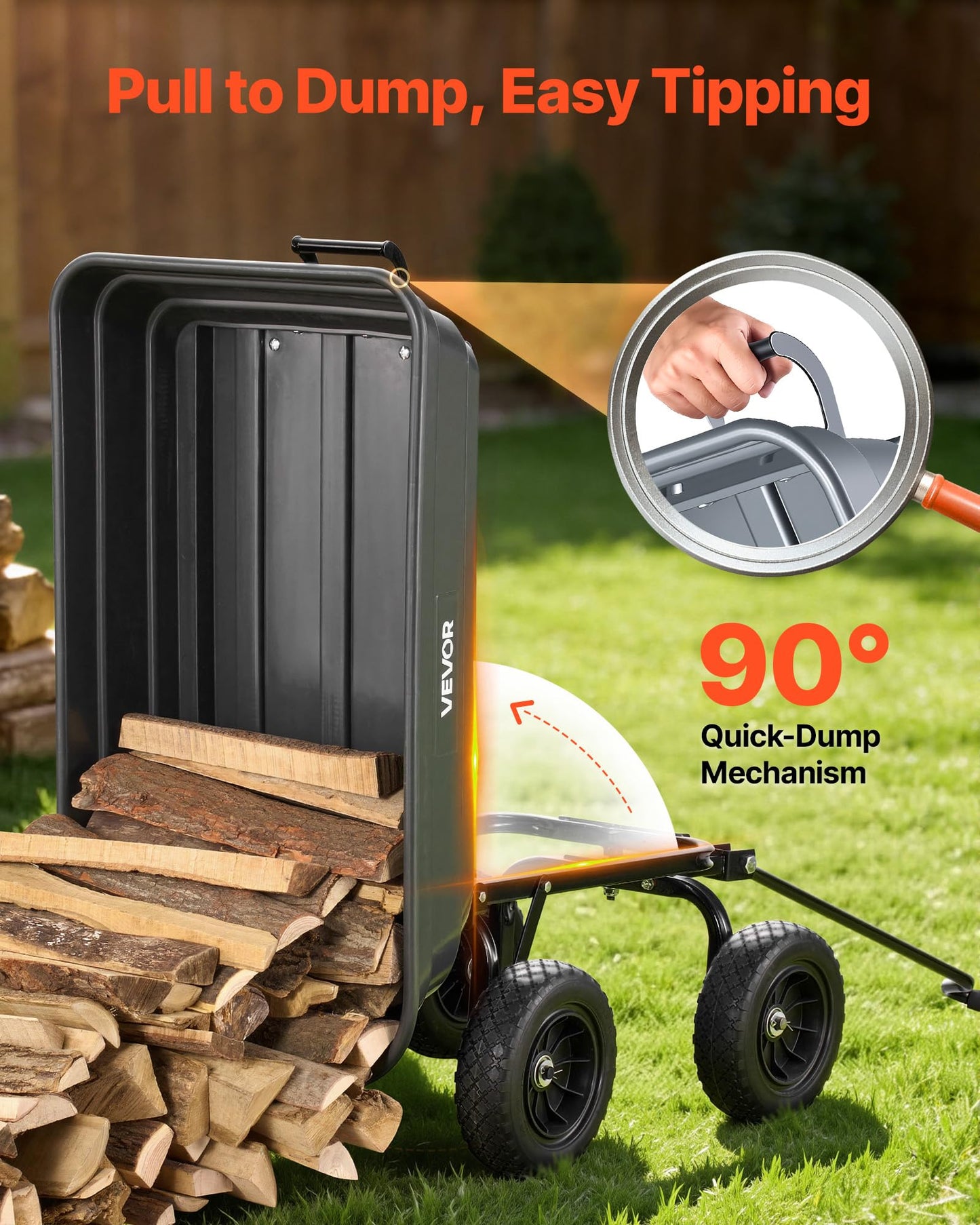 VEVOR 4 Cu.Ft 600LBS Poly Garden Cart Dump Wagon, 4 Wheel Heavy Duty Wheelbarrow with 10" Flat Free Tires, Yard Cart Dump Wagon with Quick-Release System