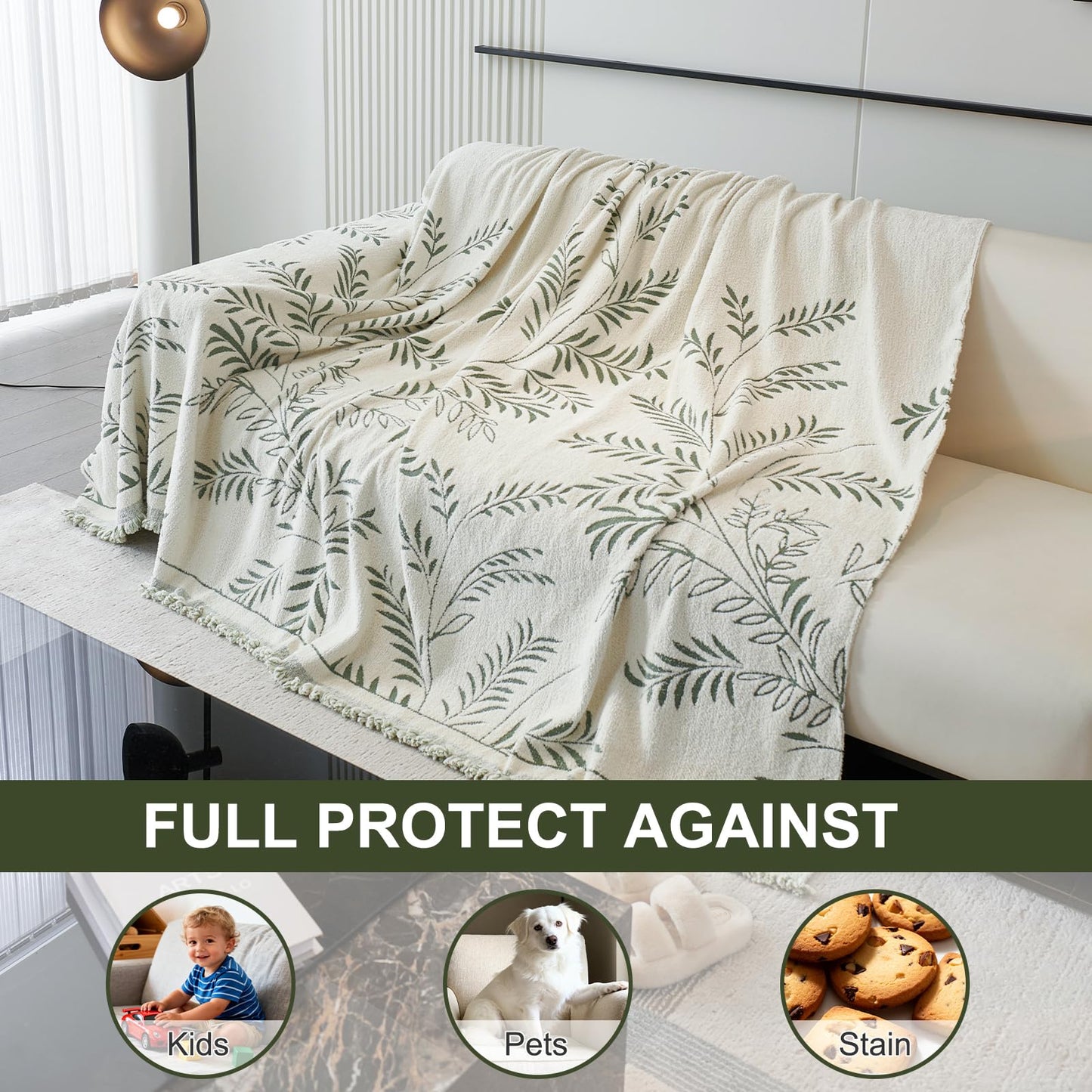 VOGOL Anti-Scratch Chenille Couch Cover, Sage Green Leaf Pattern Sofa Protector, 70x134 Durable Woven Throw for 3 Cushion Couch, Modern Living Room Decor, 1 Pack