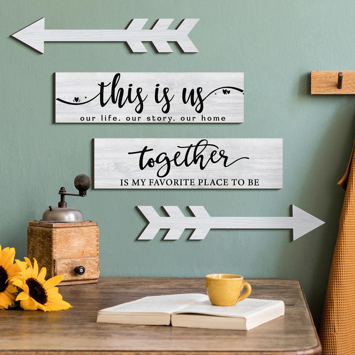Jetec 4 Pcs Wooden Arrow Wall Decor This Is Us Our Life Rustic Family Signs for Home Wall Decor Home Wooden Hanging Sign for Farmhouse Living Room, 15 x 4 x 0.2 Inch(White)
