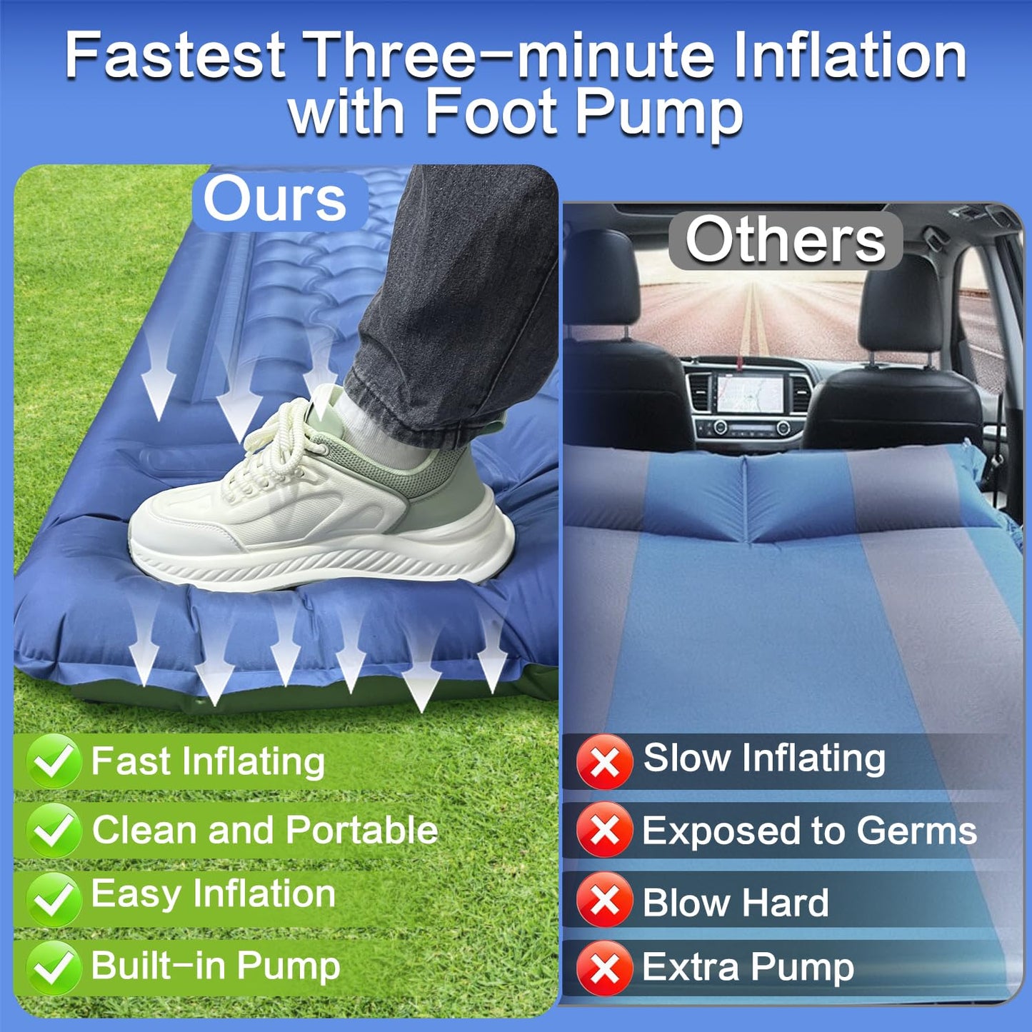 Wusrop Double Sleeping Pad for Camping, Extra Thick 5 Inch Self-Inflating 2 Person Camping Mattress,with Built-In Foot Pump, Insulated Inflatable Trampoline Mat for Backpacking, Hiking, Tents & Winter