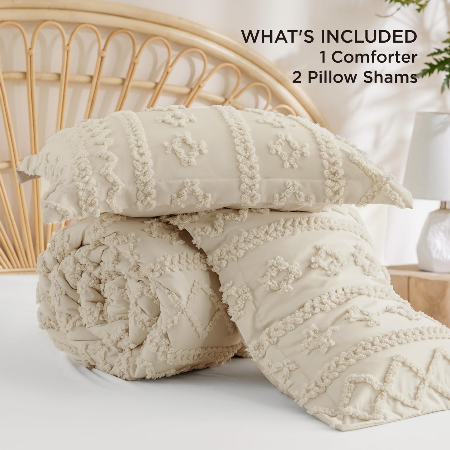 Bedsure Tufted Boho Comforter Set Queen Size - Beige Boho Bed Set, GentleSoft™ 3 Pieces Farmhouse-Style Embroidery Bedding, Gifts for Woman, Soft Jacquard Queen Comforter for All Seasons