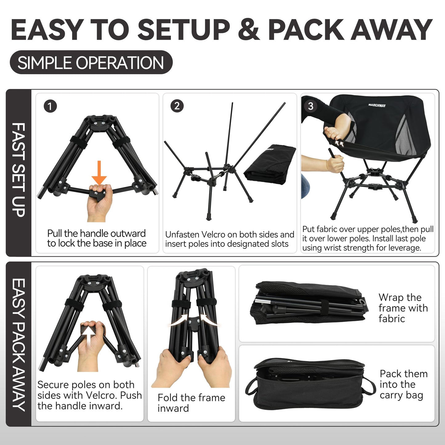 MARCHWAY Lightweight Folding Camping Chair, Portable Foldable Compact for Outdoor Camp, Travel, Beach, Picnic, Festival, Hiking, Backpacking, Supports 330Lbs (Black)