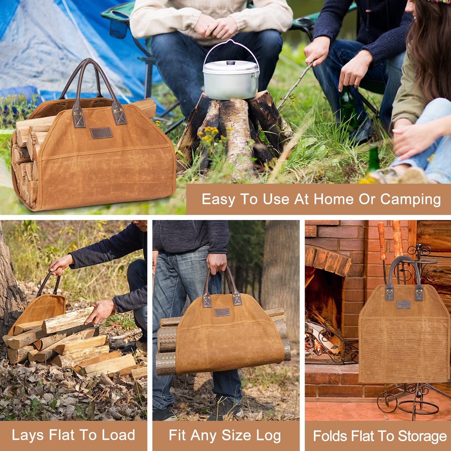 GOOD GAIN Firewood Carrier Waxed Canvas with Faux Leather Handle, Wood Carrier for Firewood, 36x18.5in Heavy Duty Firewood Storage Tote, Fireplace Log Carrier Indoor Bag, Wood Stove Accessories. Khaki