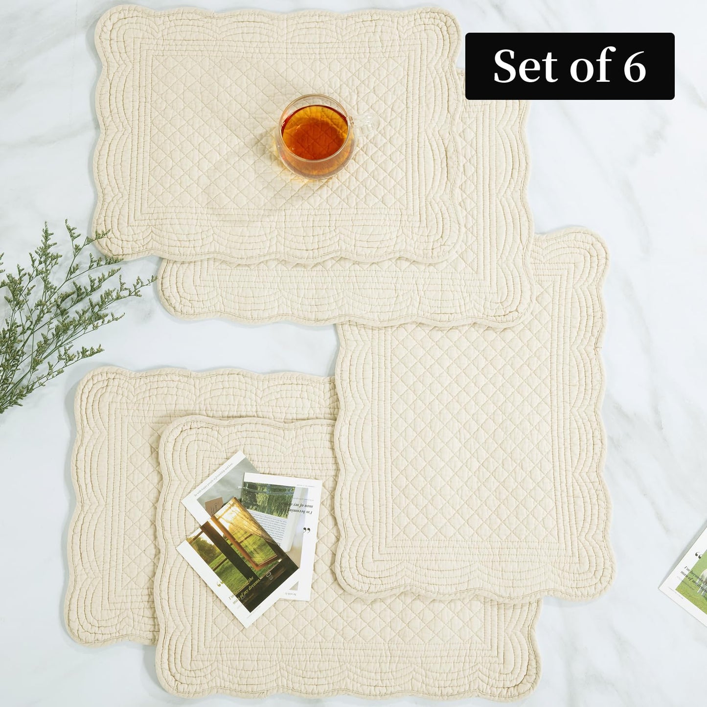 HOMBYS Quilted Placemats Set of 6 Washable-13x18 inches Rectangular Placemats for Kitchen Table-100% Cotton Fabric Rectangular Table Mats, (Flax)