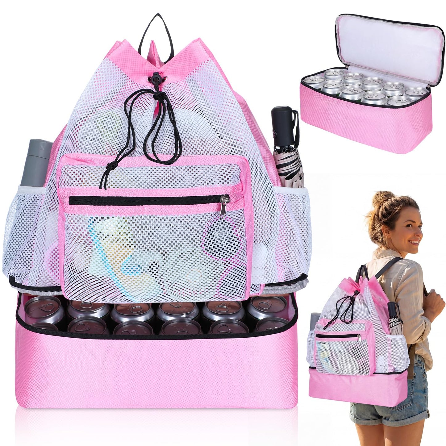 Pink Mesh Beach Drawstring Backpack with Cooler Beach Bags Sandproof Swim Bags Leakproof with Zipper for Seaside Pool Travel