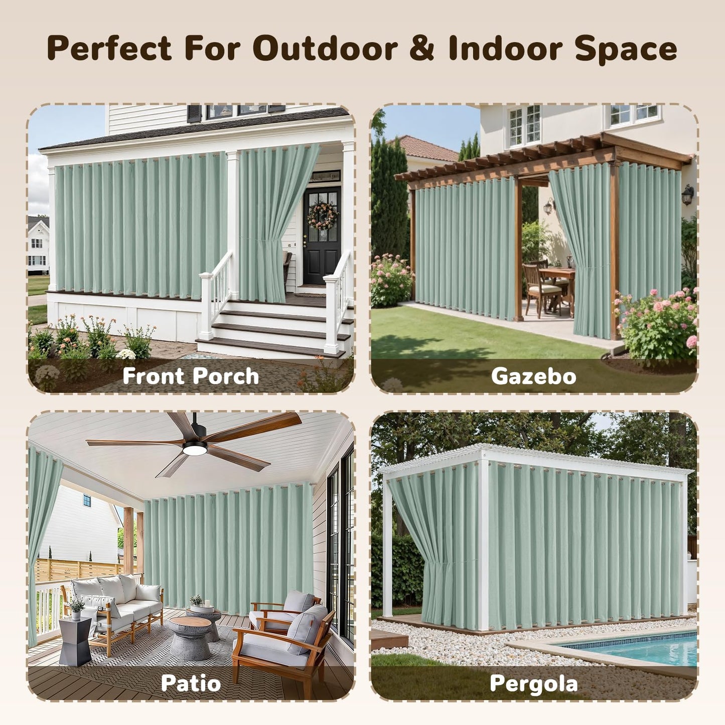 Arfntevss Linen Outdoor Curtains for Patio Waterproof with Zipper Blackout Curtains 2 Panels Top & Bottom Grommet Patio Outdoor Privacy Drape 84 Inch for Gazebo Porch Pergola (110x84, Light Green)