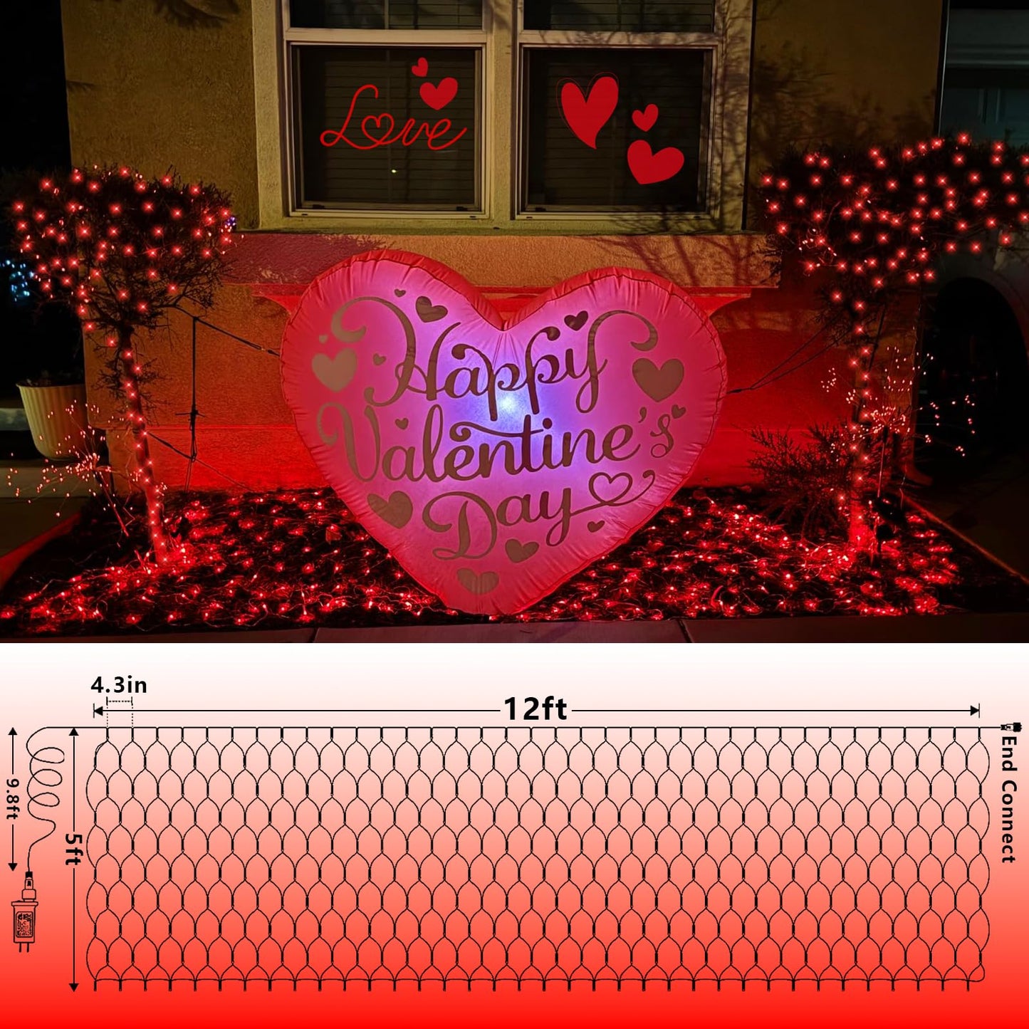 YEGUO Net Lights Outdoor Mesh Lights, 12ft x 5ft 360 LED Red Valentine‘s Day Light Outdoor Waterproof, 8 Modes Connectable Clear Wire Christmas Bush Light Plug in