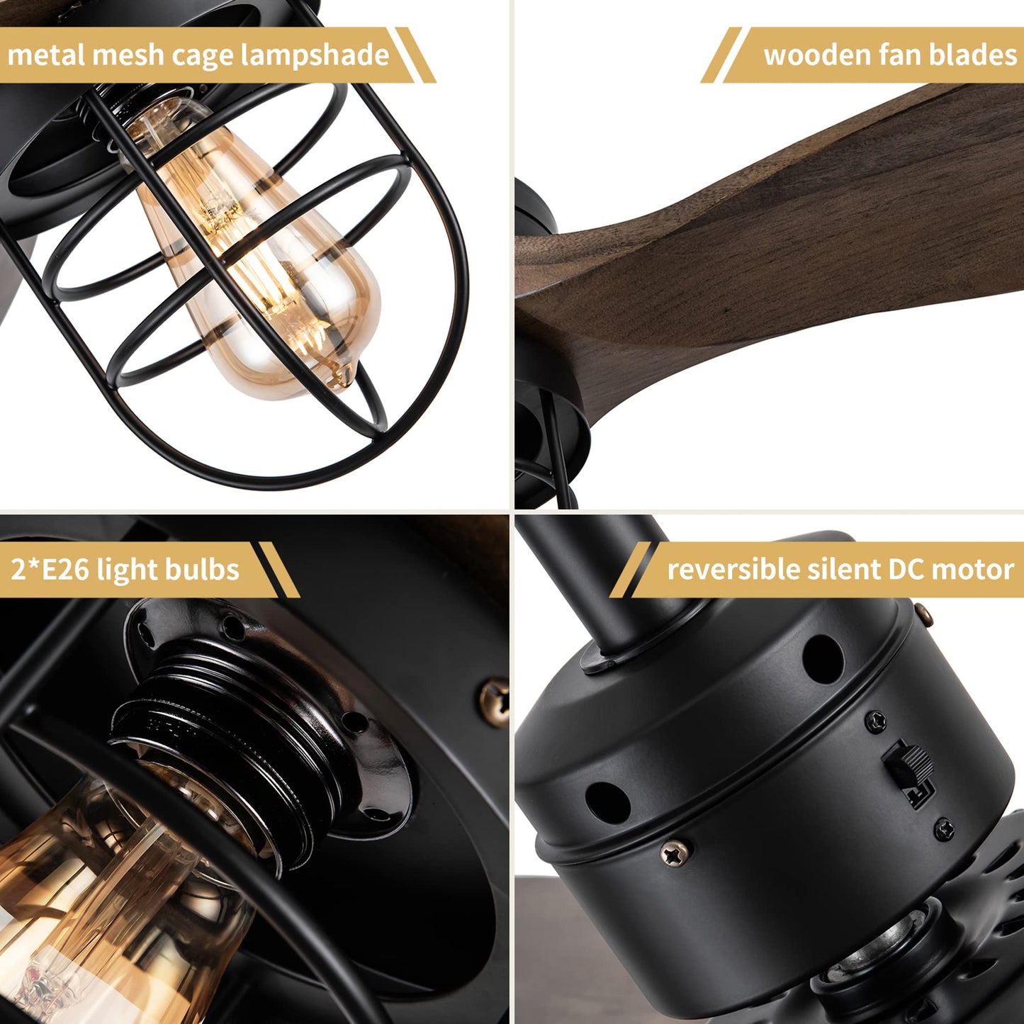 WWM 52 in Farmhouse Outdoor Ceiling Fan with Light, Modern Bedroom Fans with Remote, 3 Wood Blades Industrial Outdoor Ceiling Fans for Patios with Reversible Motor