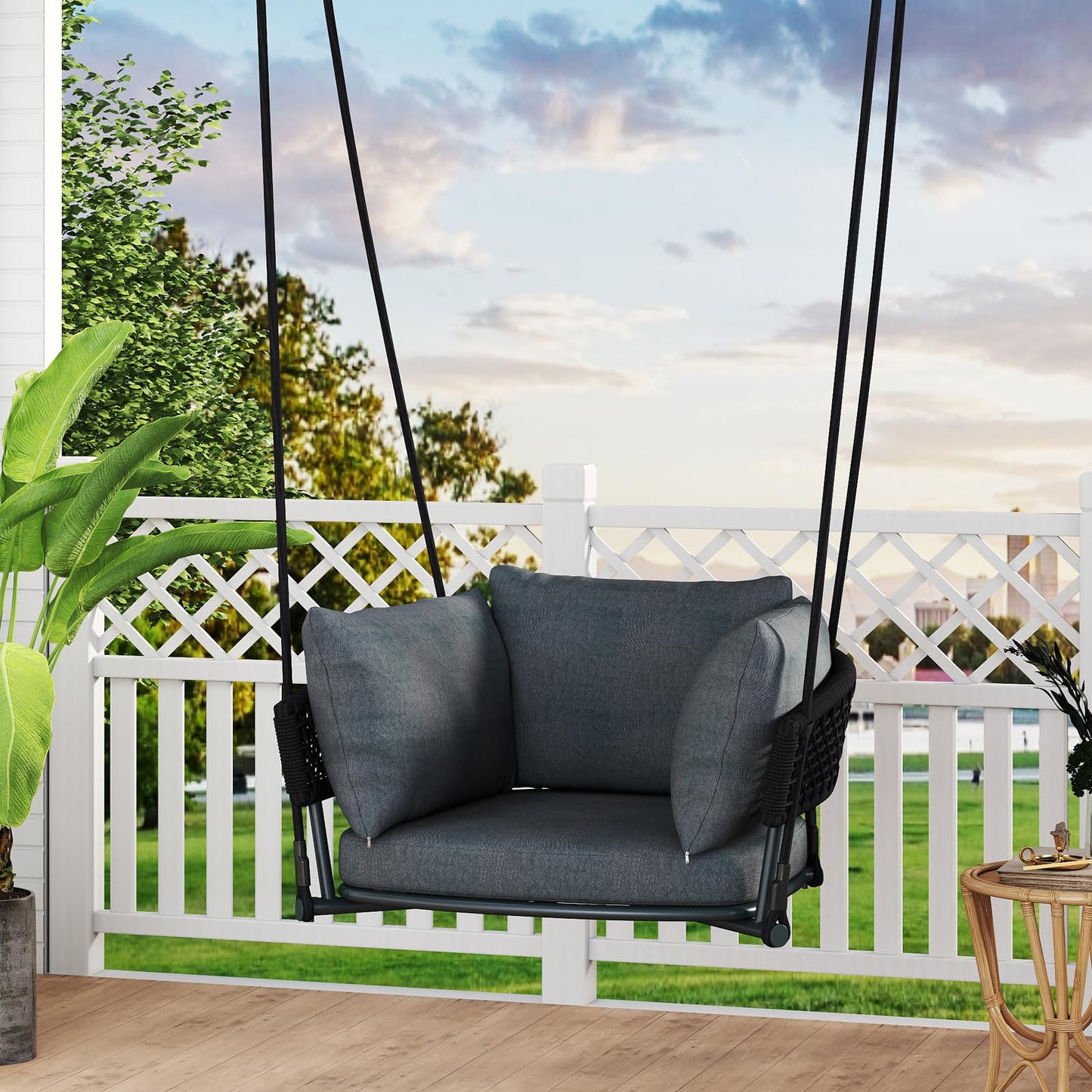 DAYAOUTDOOR Single Porch Swings Chair with Cushions, Hanging Rope Swing, Hanging Chair for Bedroom, Hammock Chairs Swing Indoor & Outdoor, Macrame Hanging Swinging, Patio, Balcony, Dark Grey