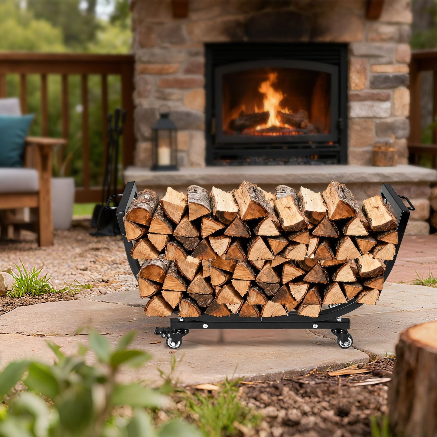 Primachen Firewood Rack Outdoor and Indoor with Wheels & Kindling Wood Hooks, Firewood Storage, Fireplace Wood Storage Rack Movable, Waterproof Stable Log Holder for Fireplace Patio Organizer
