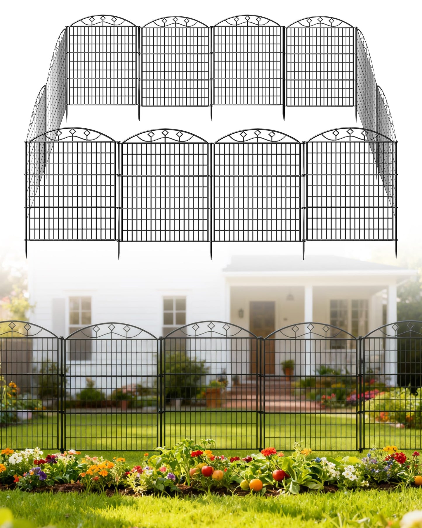40in Tall 10-Panel Metal Garden Fence, No Dig Temporary Yard Fencing, Reusable Animal Barrier for Large Dogs & Garden Protection, Black