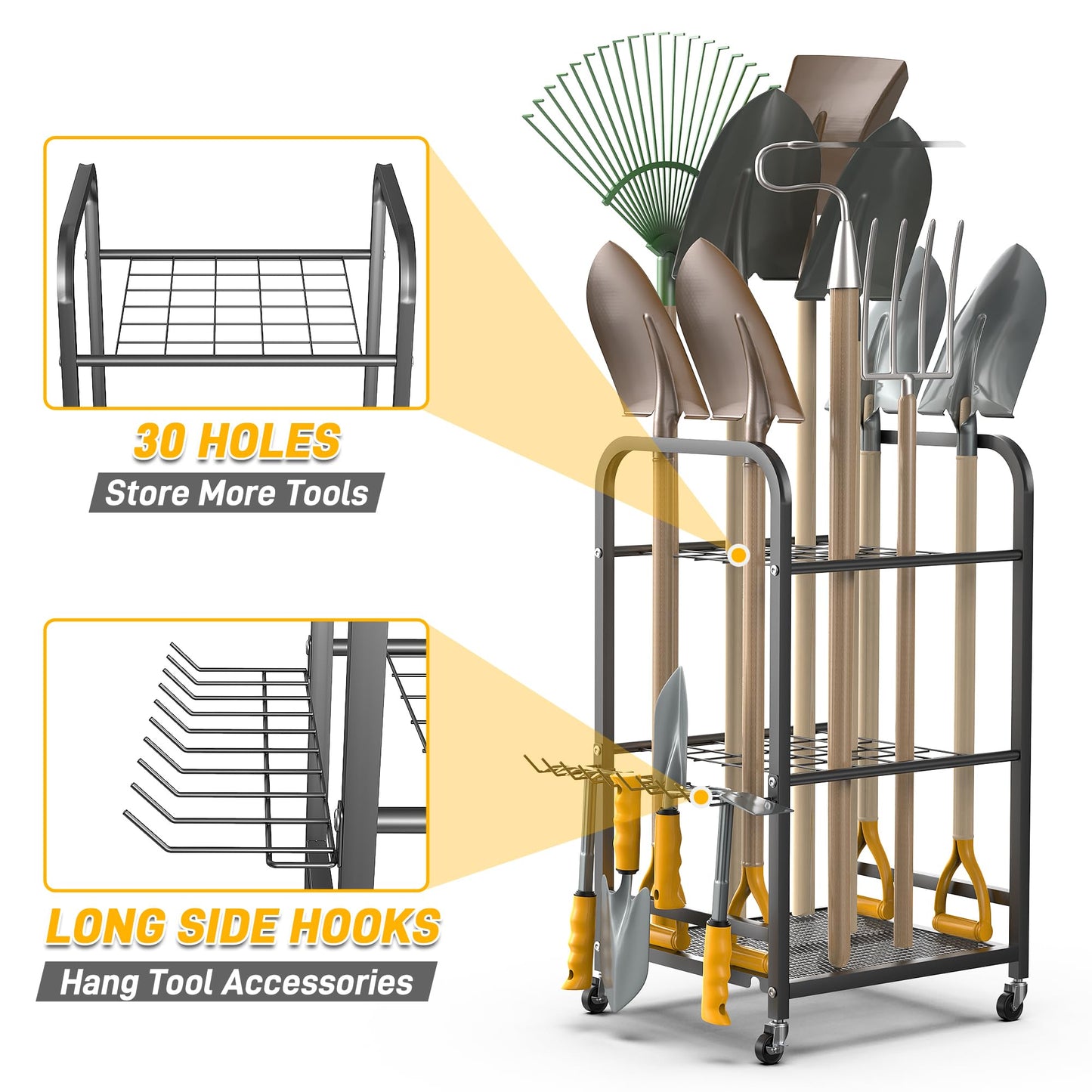 Ultrawall Garden Tool Organizer Stand, Yard Tool Storage Rack with Lockable Wheels, Garage Tool Storage for Rake, Brooms, Indoor & Outdoor Use
