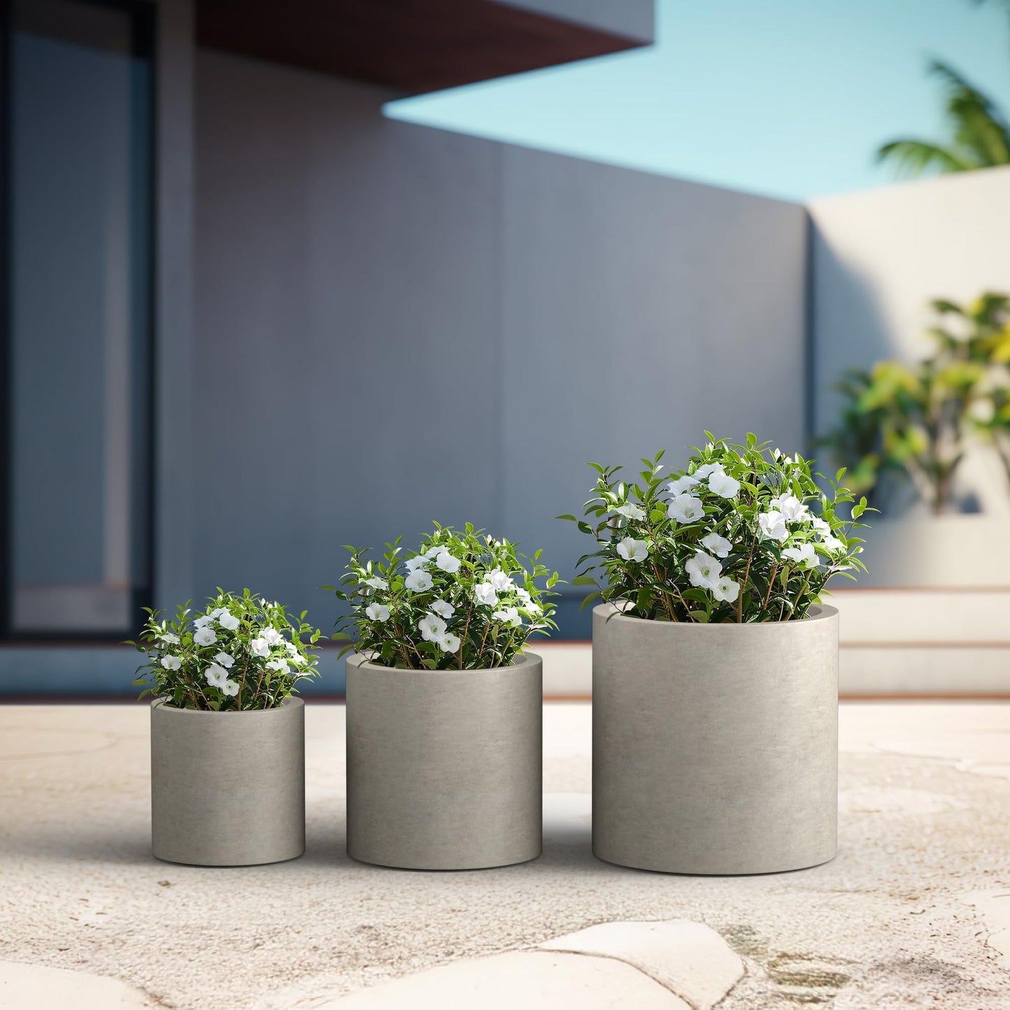 Kante 9.8",12.6",15.7" Dia Round Concrete Planter Set of 3, Modern Style Large Cylindrical Plant Pot with Drainage Hole and Rubber Plug for Indoor Outdoor Patio, Weathered Concrete
