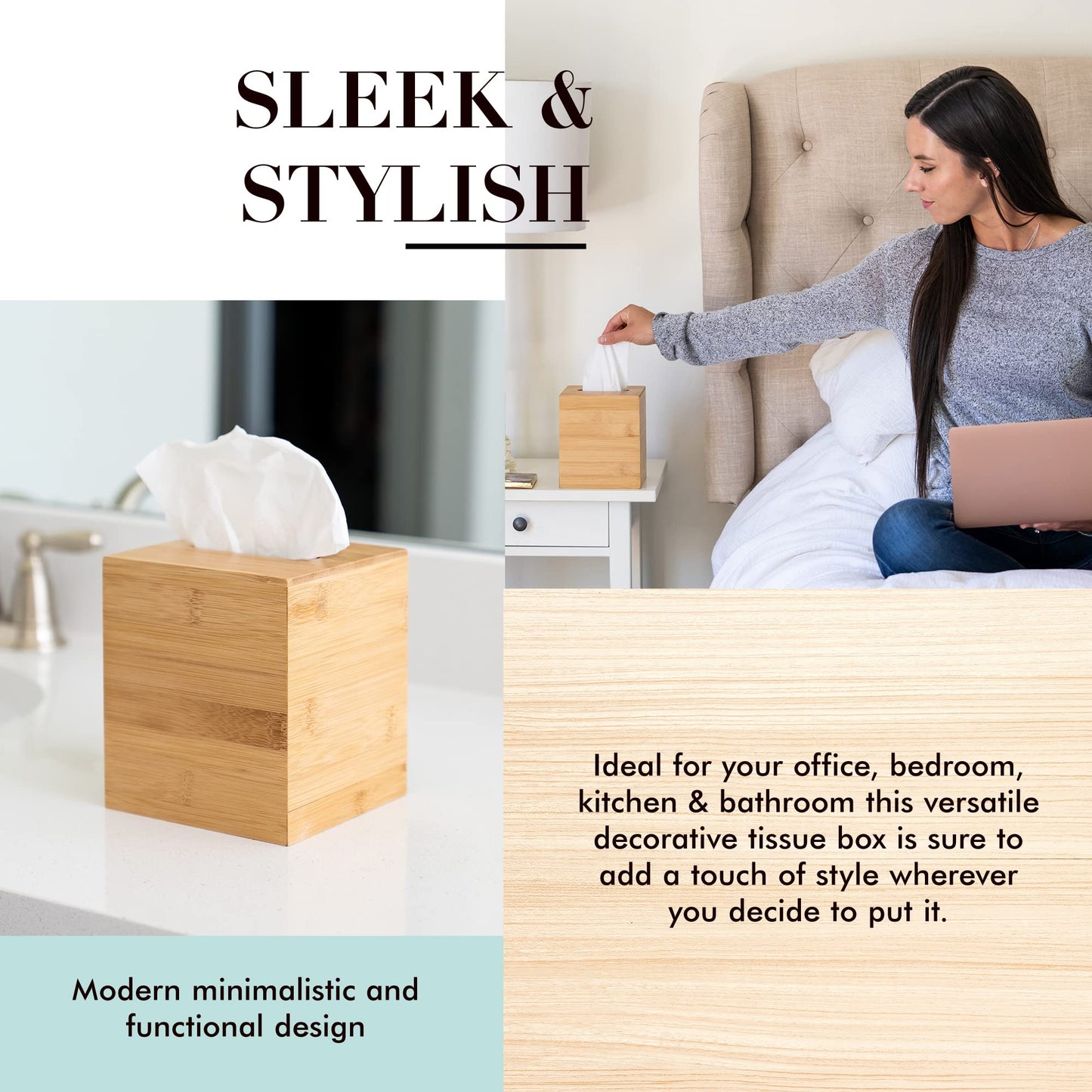 JUSK Design Tissue Box Holder - Modern, Minimalist, Durable Wooden Bamboo Box with Sliding Bottom, Easy-Refill - Premium-Quality Bamboo Cover, Square