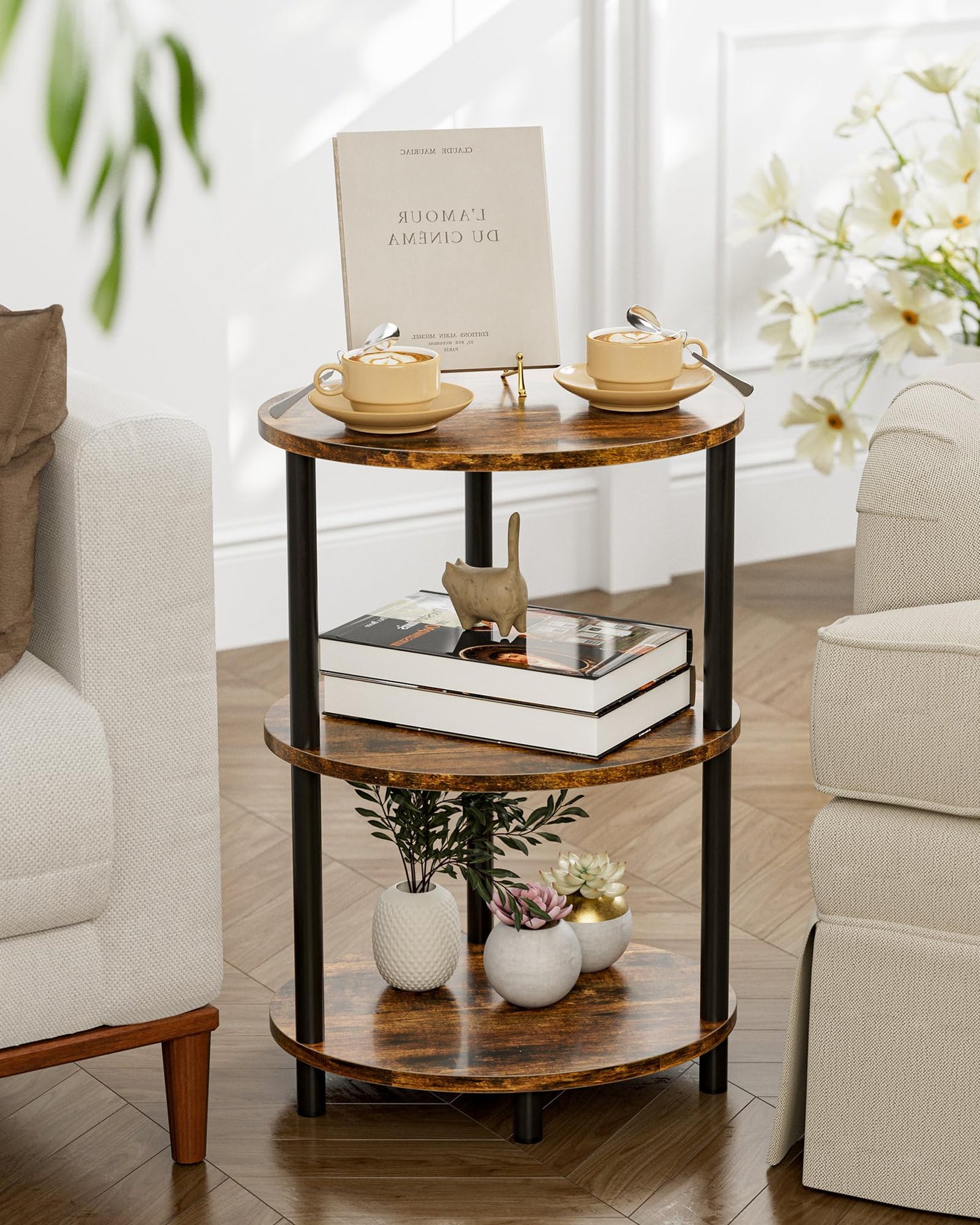 RISWER Round Pedestal End Table - 3-Tier Oval Accent Table for Small Spaces, Rustic Wood and Metal Couch Side Table, Nightstand for Bedroom or End Table Living Room, Easy to Assemble, Rustic Brown
