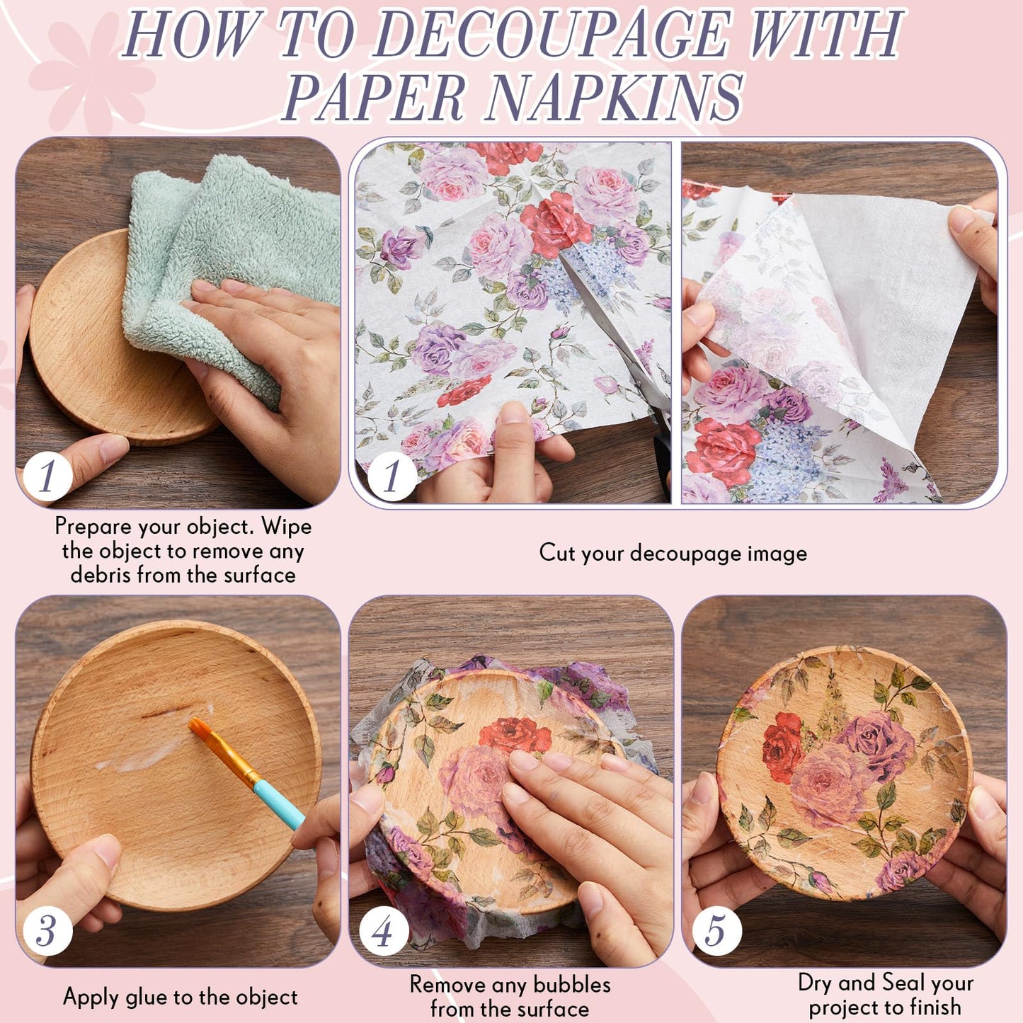 Crtiin 20 Pack Decoupage Napkins Floral Napkins Flower Cocktail Paper Decorative Toilet for Valentine's Day Birthday Party Beautiful Gorgeous, 20 Styles Each 6.5 Inches(Style 1)