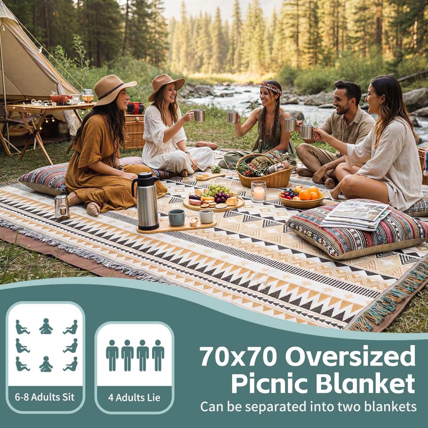 2 in 1 Extra Large Boho Beach Blanket Towel Giant Woven Outdoor Picnic Mat Camping Gear Cruise Essential 2025 Summer Vacation Must Have Airplane Travel Accessories Costa Rica Bahamas Hawaii Trip Stuff
