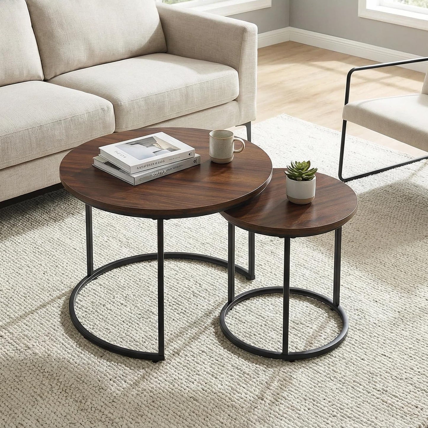 Round Nesting Coffee Table Set of 2, Modern Marble Pattern Wooden Nesting Tables, Stacking Minimalist End Table for Living Room Bedroom Small Space, Wood Brown and Black