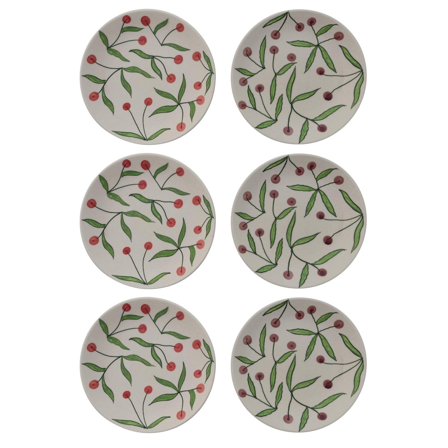 Creative Co-Op 6-Piece Round Hand-Painted Stoneware Plates with Cherries, Multicolor,
