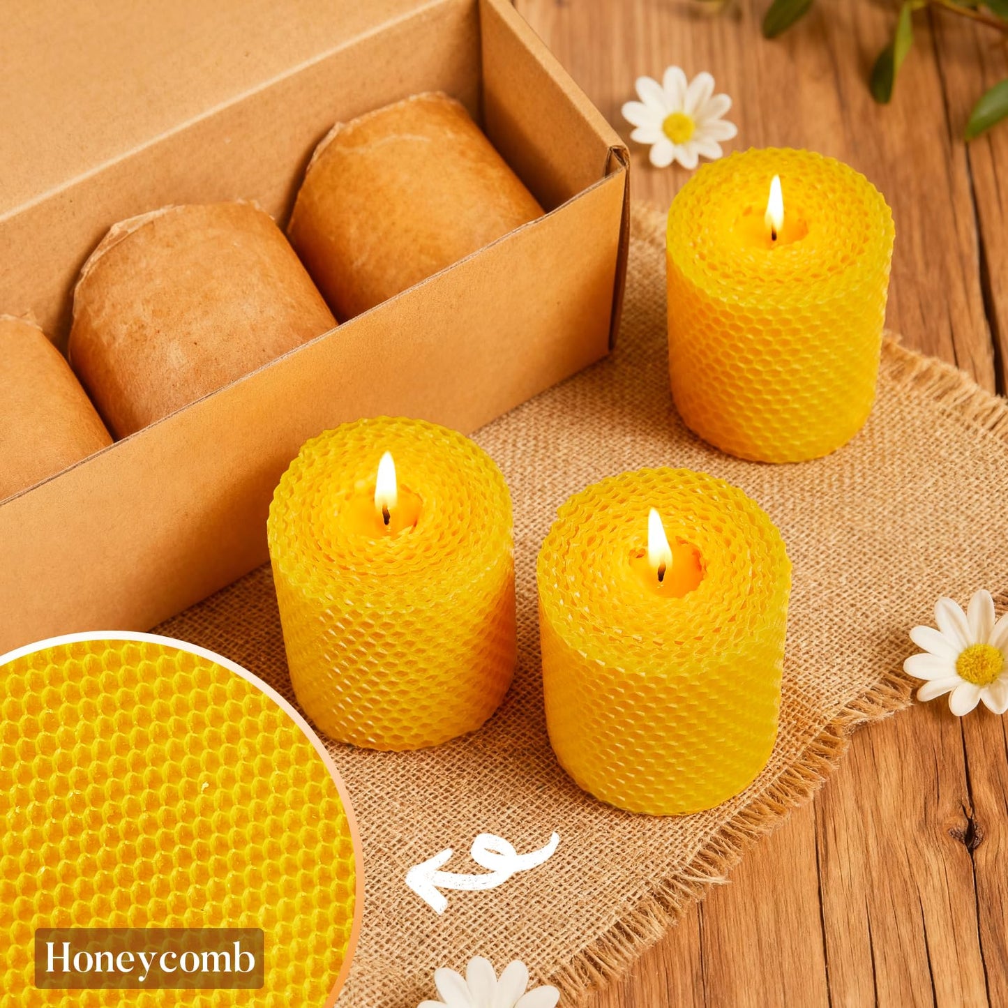 Ashlux Beeswax Pillar Candles, 3x3 Inch -Set of 3 Hand-Rolled Honeycomb Candle - Each Long Burning 17 Hours, Dripless Smokeless Unscented Handmade Beeswax for Home Decor, Prayer, Wedding,SPA